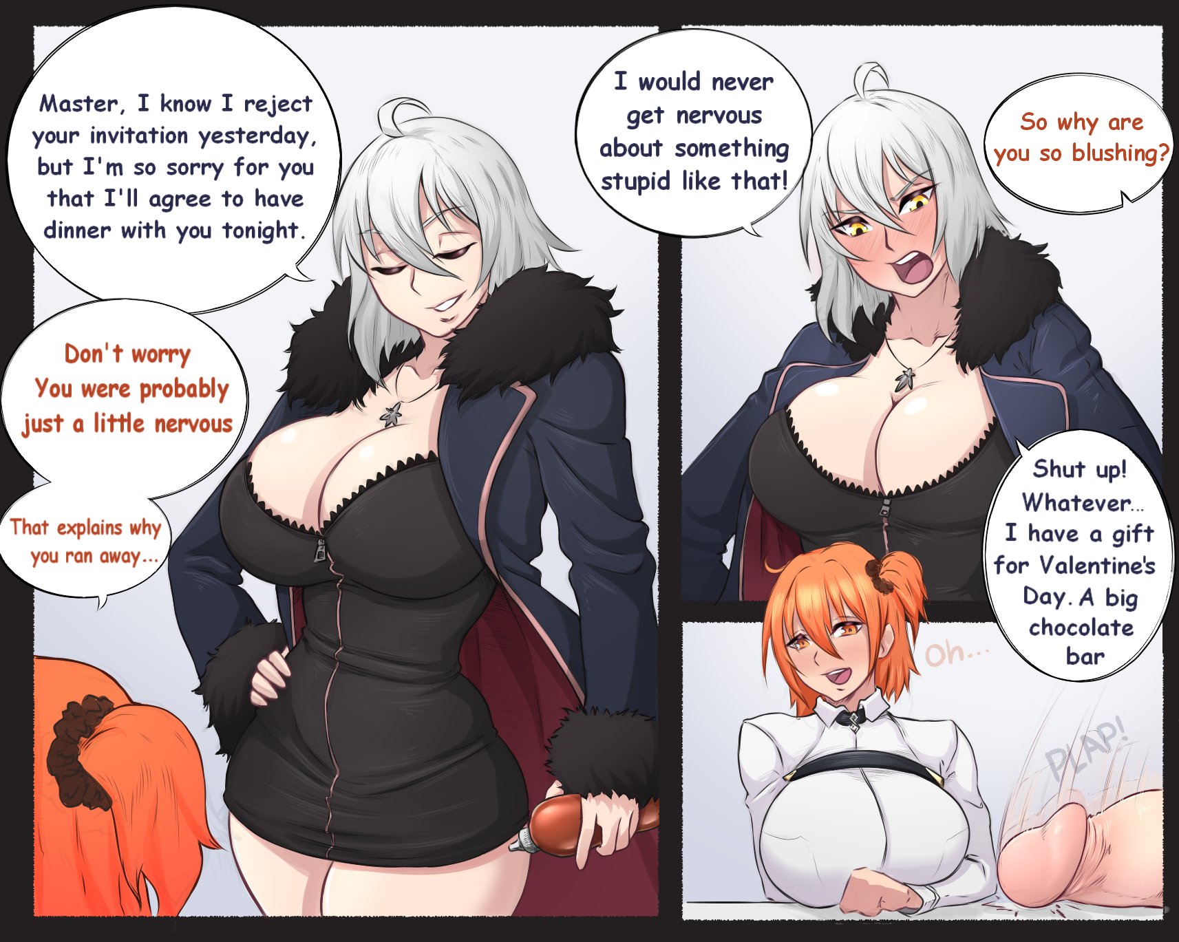 1futa, 1girls, 2022, blush, breasts, clothed, clothing, comic, comic sans, dialogue, duo, english text, fate (series), fate/grand order, female, fujimaru ritsuka (female), fully clothed, futanari, gudako, huge breasts, huge cock, human, intersex, jeanne alter, light skin, light-skinned female, light-skinned futa, mostly clothed, orange eyes, orange hair, pale skin, pale-skinned futa, penis, short hair, side ponytail, speech bubble, standing, text, valentine's day, vicsenpai, white hair, yellow eyes