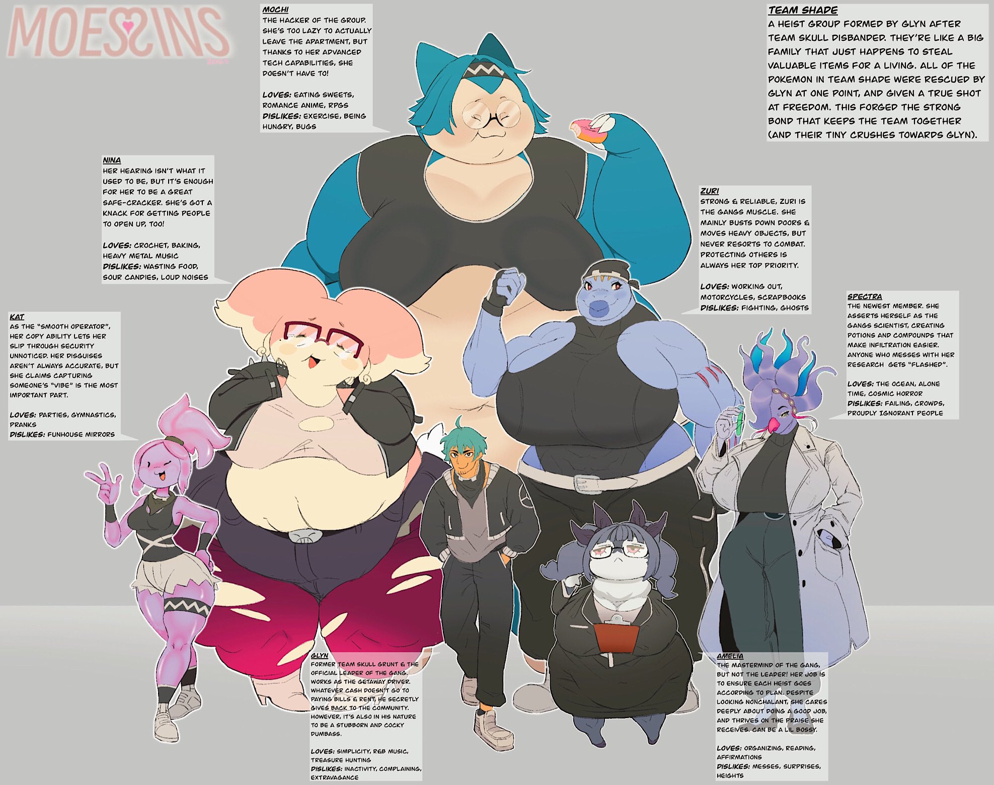 1boy, 6girls, amelia (moessins), audino, bandana, bbw, beak, big lips, blue hair, booty shorts, bored expression, breasts, cat, cephalopod, character bio, character name, character profile, character sheet, chubby, clipboard, closed eyes smile, clothing, crop top, denim shorts, ditto, donut, eating, fat, feline, female, food, gilf, glasses, glyn (moessins), hands in pockets, hands on cheeks, huge ass, huge belly, huge breasts, huge butt, huge lips, huge thighs, humanoid, hyper, hyper ass, hyper belly, hyper breasts, hyper butt, indeedee, kat (moessins), labcoat, leather, leather clothing, leather jacket, looking at viewer, machoke, malamar, male, mature female, milf, mochi (moessins), moessins, multiple females, multiple girls, muscles, muscular, muscular anthro, muscular female, neet, nerdy female, nina (moessins), overweight, overweight anthro, overweight female, pokemon, pokemon (species), ponytail, revealing clothes, ripped clothing, ripped pants, short shorts, shortstack, size comparison, size difference, smaller female, smiling, smiling at viewer, snorlax, spectra (moessins), spilling out, squid, tall, taller female, tan skin, test tube, text, zuri (moessins)