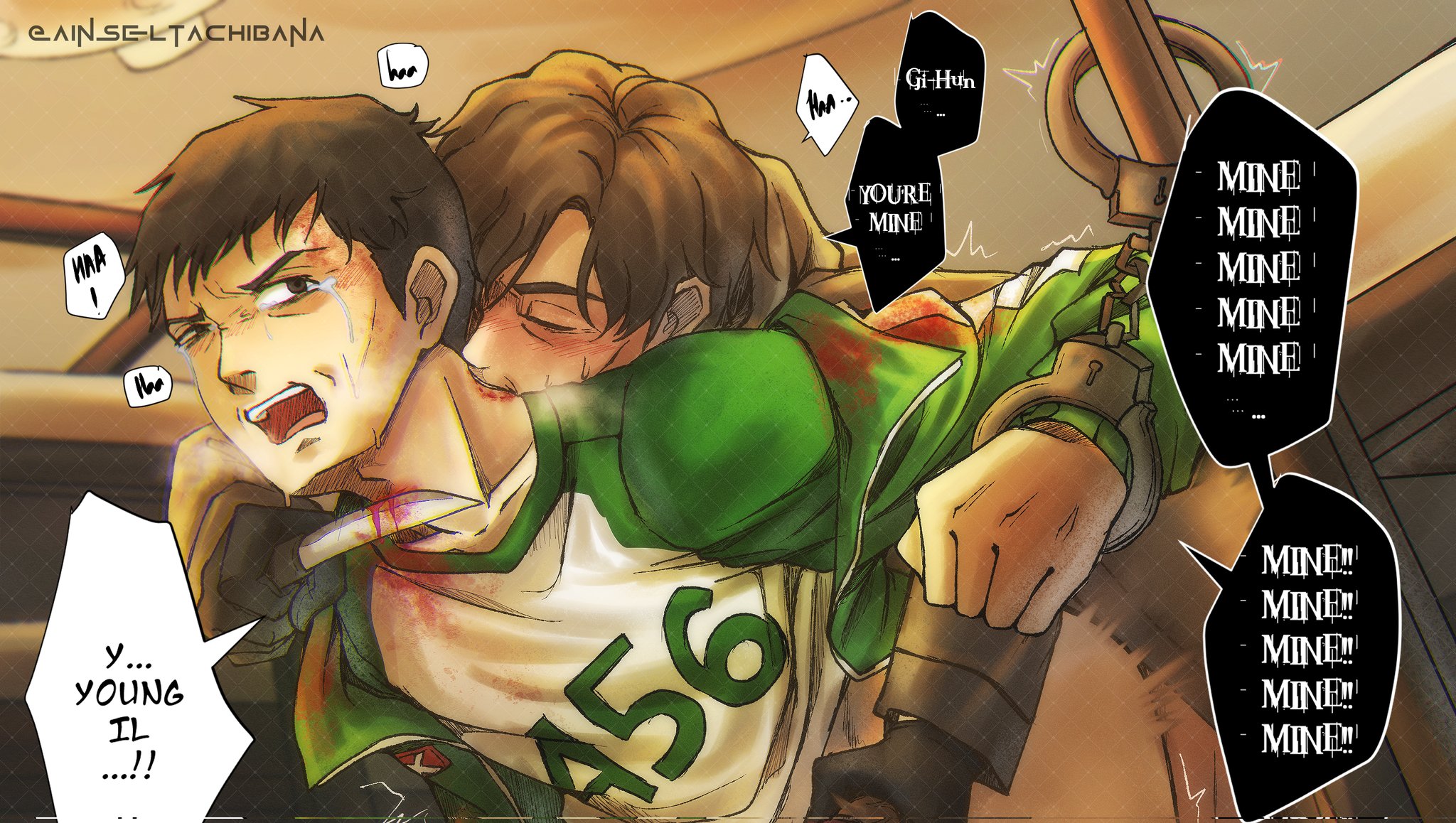 2boys, anal, anal sex, bite, bite mark, blood on face, blood stain, crying, forced, forced anal, gay, hwang in-ho, implied sex, knife, male, male focus, male yandere, possession, raped, restrained, restraints, seong gi-hun, squid game, tears, tears in eyes, tied, yandere