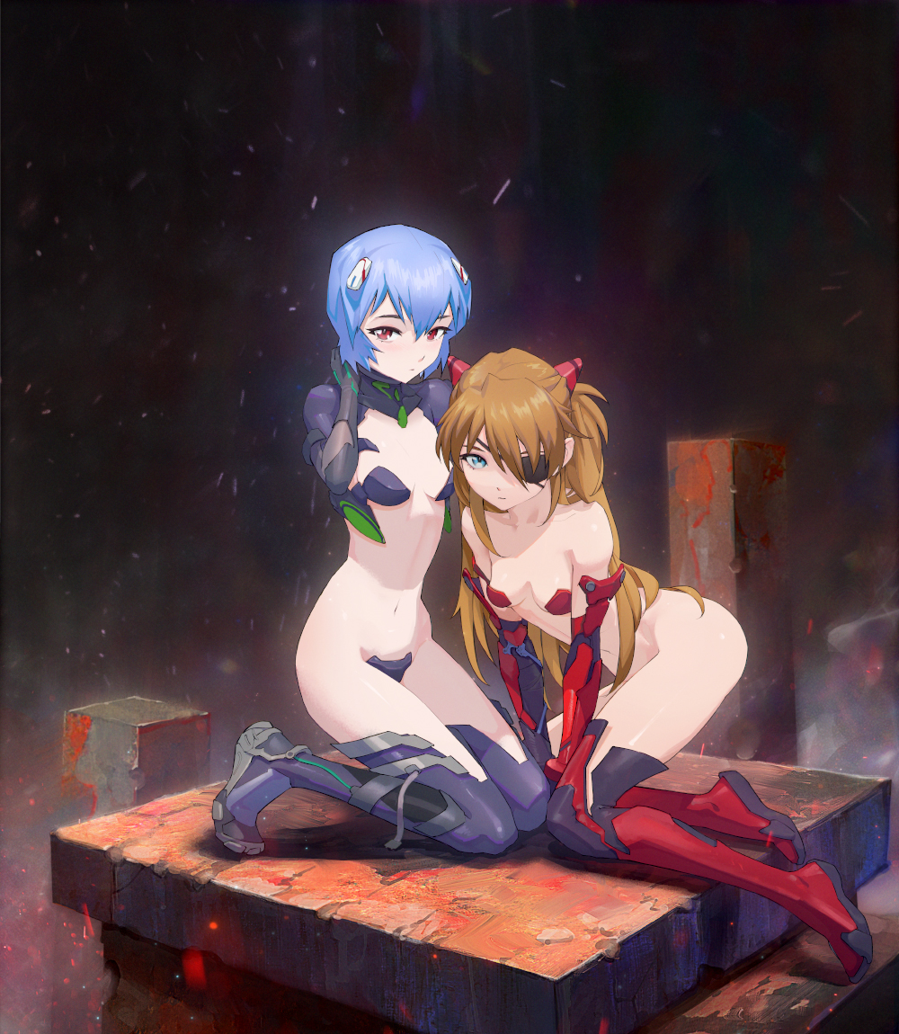 2girls, alternate costume, asuka langley sohryu, bangs, blue eyes, blue hair, breasts, closed mouth, elbow gloves, eyepatch, female, full body, gloves, hair ornament, human, kneeling, light skin, light-skinned female, long hair, looking at viewer, medium breasts, multiple females, multiple girls, navel, neon genesis evangelion, orange hair, pale skin, pale-skinned female, pasties, power armor, rebuild of evangelion, red eyes, rei ayanami, short hair, small breasts, stockings, thighhighs, yugen99