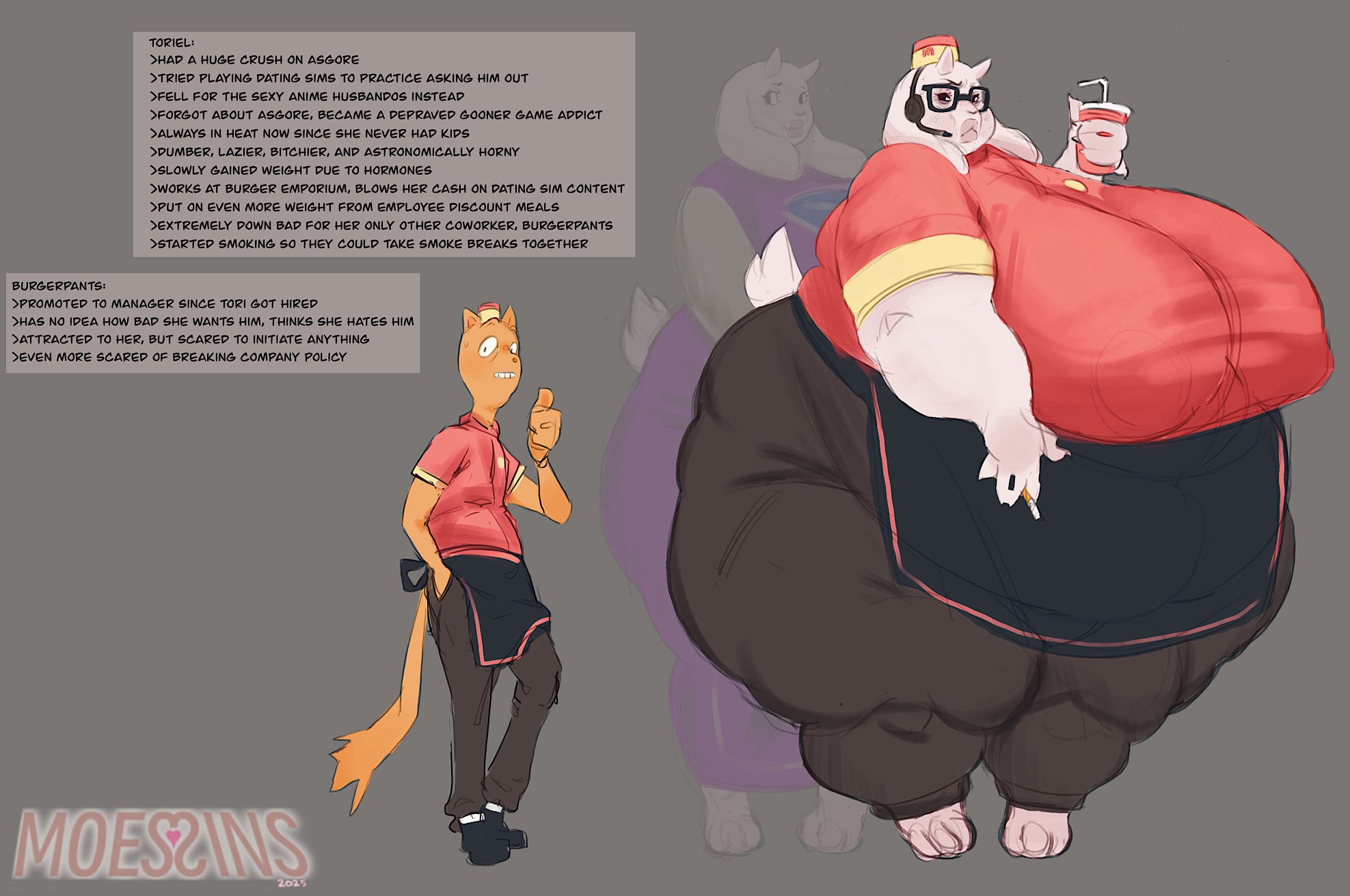 anthro, bbw, burgerpants, clothing, fat, female, fur, furry, moessins, overweight, overweight female, personality change, standing, text, toriel, undertale, weight gain