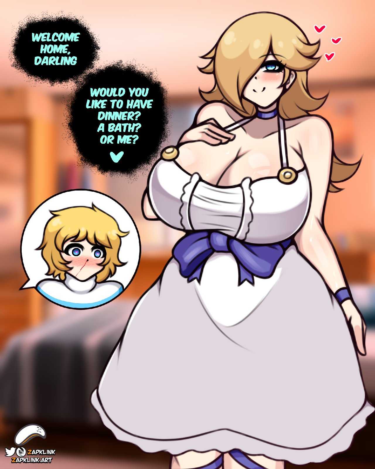 1boy, 1girls, 2025, alternate version available, artist logo, artist name, ass, big ass, big breasts, blonde female, blonde hair, blonde male, blonde-haired female, blonde-haired male, blush, blush lines, blushing at partner, blushing female, blushing male, blushing profusely, bow, breasts, clothed, clothed female, clothed female clothed male, clothed male, clothing, dialogue, dialogue bubble, dinner bath or me, dress, duo, english, english dialogue, english text, female, female focus, fully clothed, fully clothed female, heart, heart eyes, heart symbol, heart-shaped pupils, hearts around head, light skin, light-skinned female, light-skinned male, male, mario (series), nintendo, paizuiri (artist), princess rosalina, speech bubble, super mario bros., super mario galaxy, sweater, text, text bubble, thick thighs, thighs