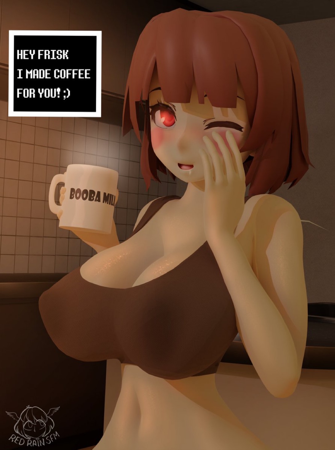 1girls, 3d, big breasts, blush, breasts, chara, clothing, curvy, dialogue, drooling, female, female chara, female only, human, human female, human only, lactation, lactation through clothes, lactation without expressing, large breasts, milk, red eyes, redrainsfm, sfm, shirt, solo, stained clothes, text, undertale, undertale (series), wet clothes, wholesome