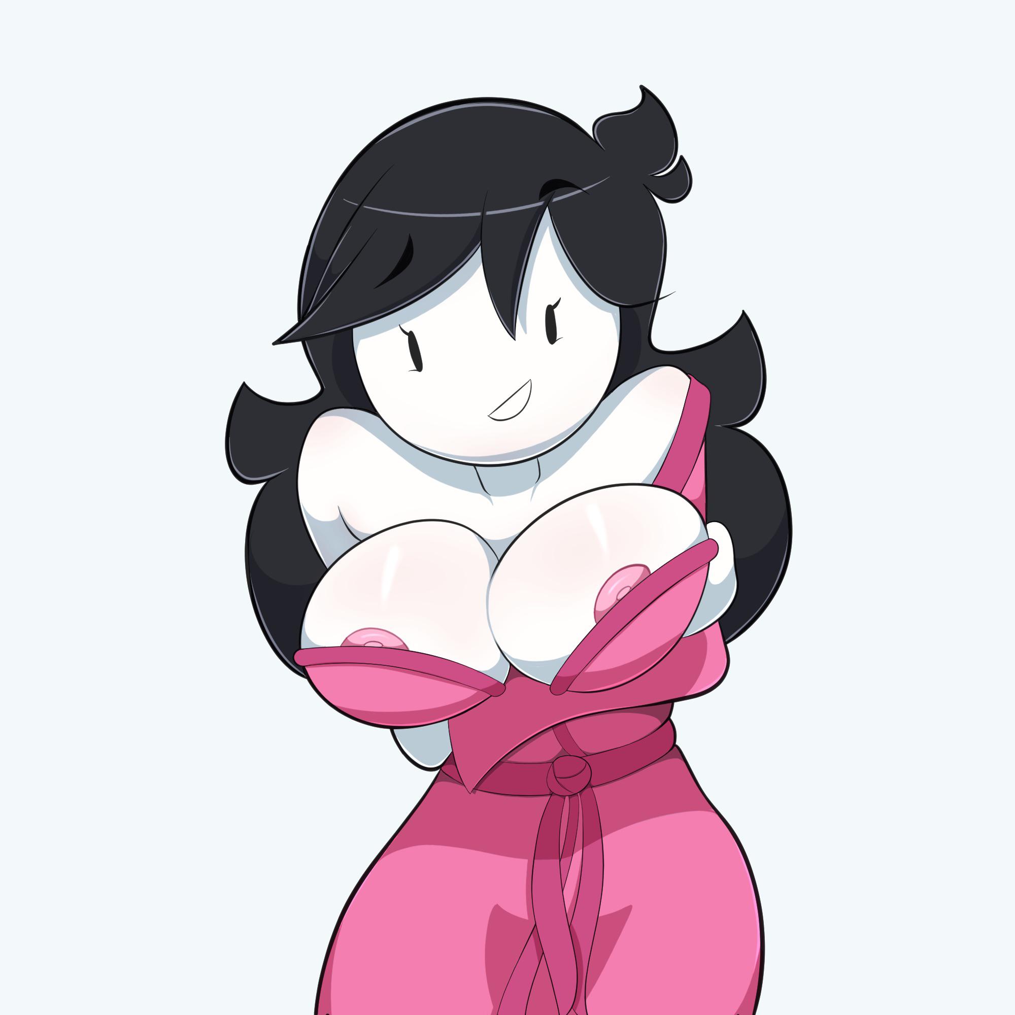 barely contained, bathrobe, big breasts, black hair, breasts, bubjones, crossed arms, female, jaiden animations, jaidens mom, long hair, valentine's day, white background, white skin, youtube