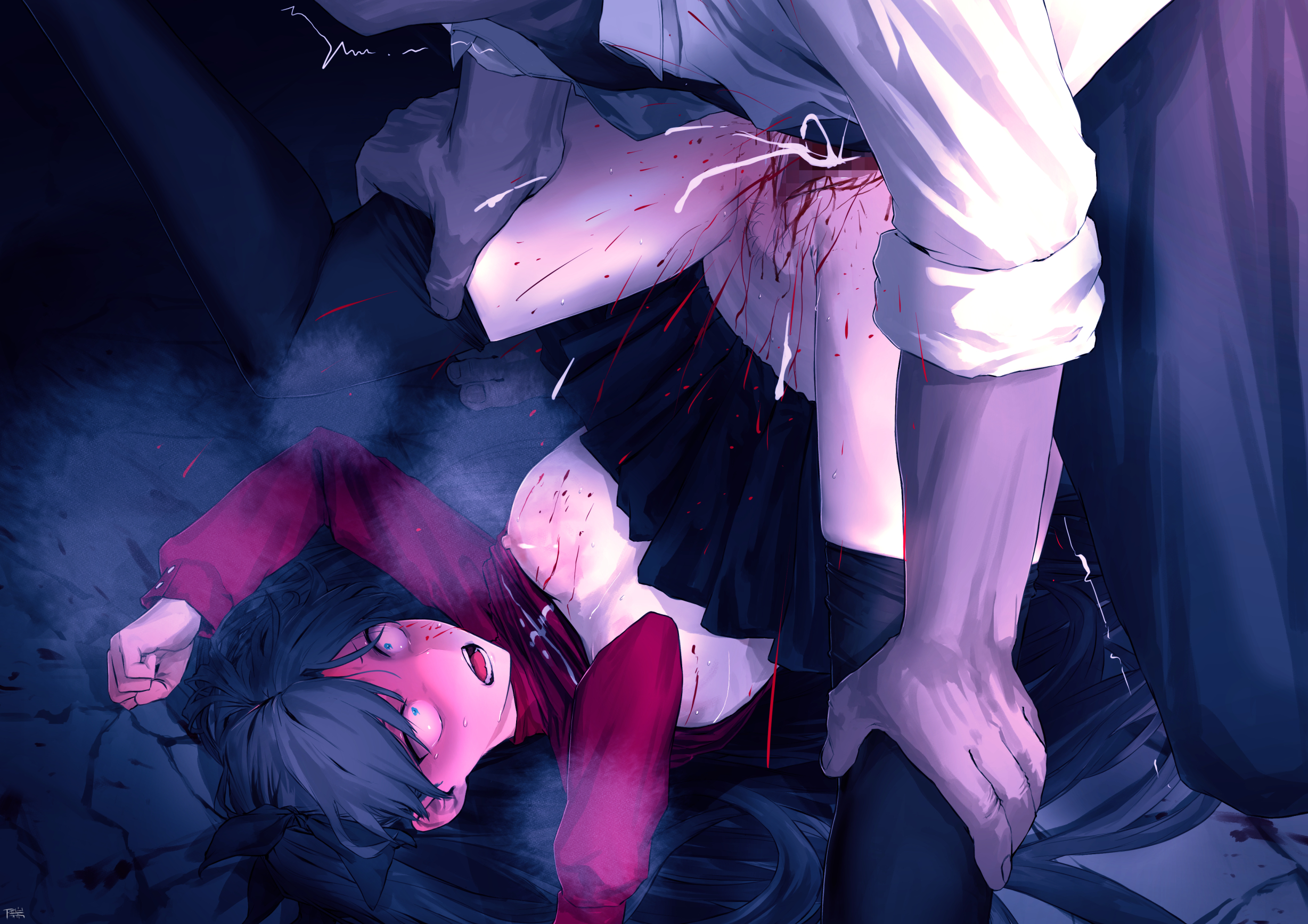 ass in air, big penis, black hair, black thighhighs, black-haired female, bleeding from pussy, blonde-haired male, blood, blood on breasts, blood on face, blood on penis, blood on thighs, blood splatter, blood spray, blood stain, bloody pussy, blue eyes, blush, breasts, bruise, bruised breast, brutal rape, concerned, defiant, defloration, ejaculation, fate (series), fate/stay night, female, female pubic hair, grabbing from behind, hairbow, laughing, lifted shirt, long-haired female, male, medium breasts, mocking, mosaic censoring, multiple boys, multiple males, pale nipples, penetration, penis, penis piercing, phone, piledriver position, pink nipples, pubic hair, pubic stubble, pussy, red shirt, restrained, scared, sex, shitappa0120, short skirt, smiling, sole female, taking picture, teenage female, teenager, thighhighs, tohsaka rin, twintails, ugly bastard, vaginal blood, vaginal penetration, vaginal rape, violent rape, virgin, virginal blood