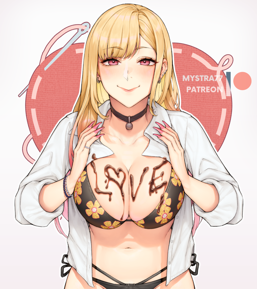 1girls big_breasts bikini blonde_hair body_writing breasts chocolate choker eye_contact female gyaru kitagawa_marin long_fingernails long_hair looking_at_viewer mystra77 nail_polish pink_eyes pink_nails solo sono_bisque_doll_wa_koi_wo_suru upper_body valentine's_day