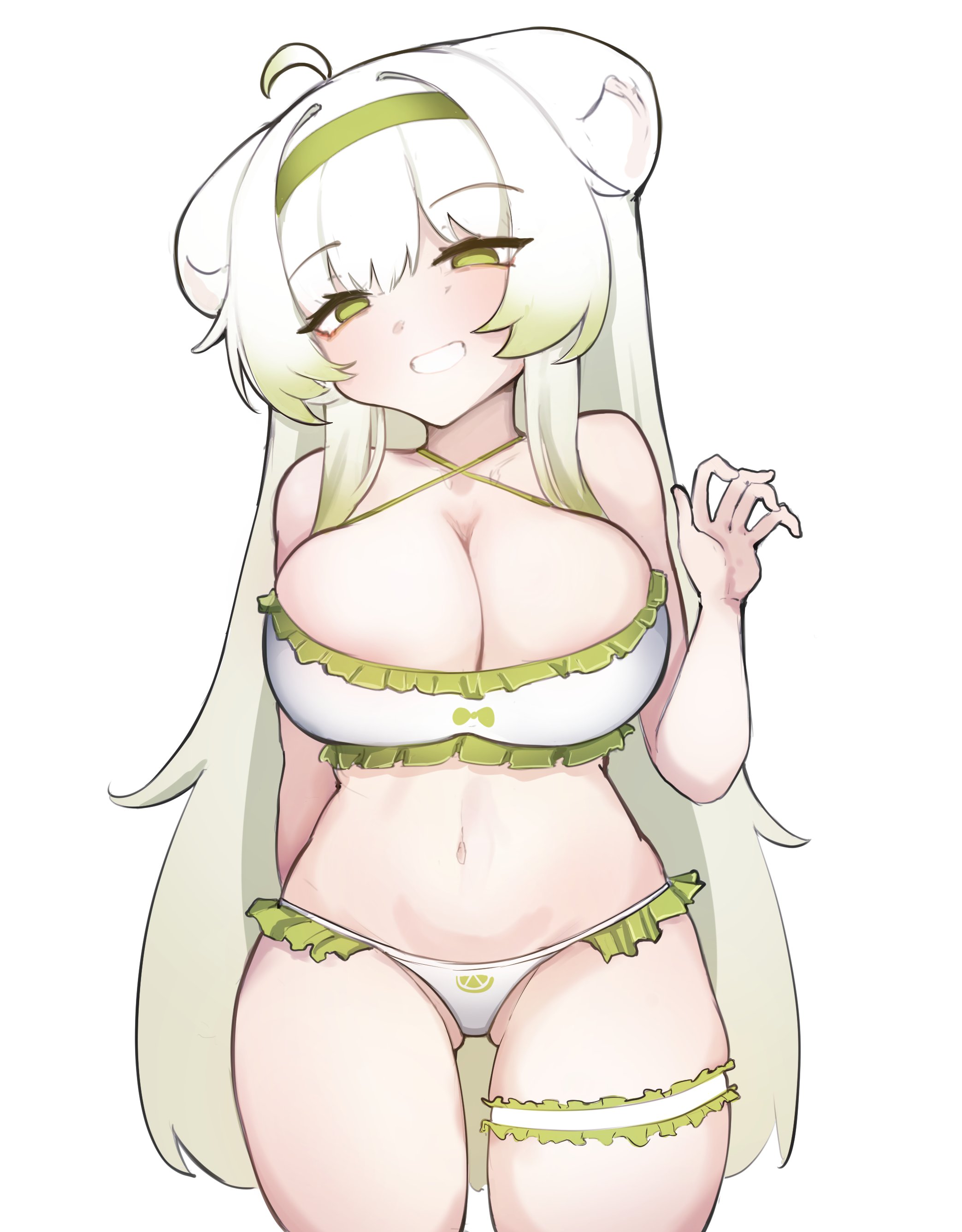 1girls, ahoge, belly, belly button, breasts, female, ferret girl, green eyes, indie virtual youtuber, laimu, large breasts, long hair, navel, sae art, smile, thighs, virtual youtuber, wave, white bikini, white hair