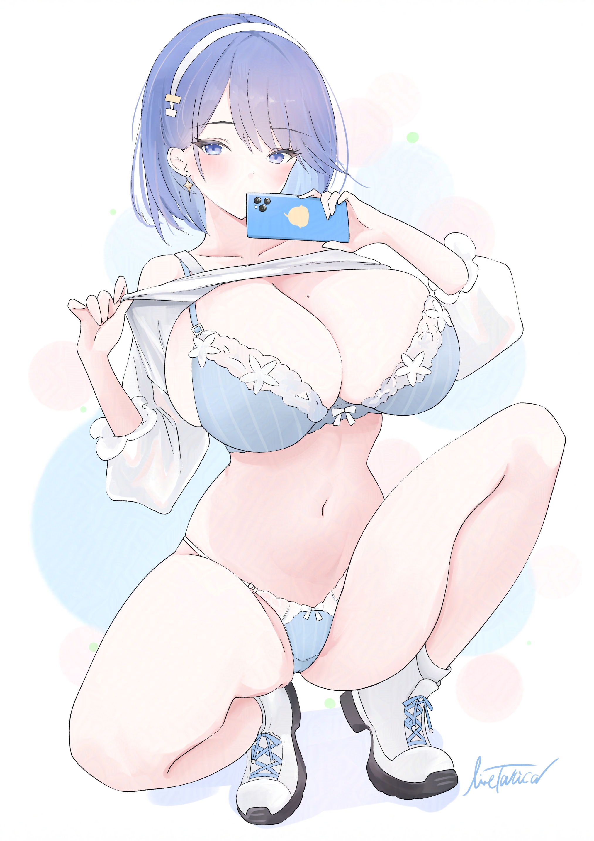 alternate breast size, azur lane, blue bra, blue eyes, blue hair, blue panties, blush, bra, breasts, cellphone, chapayev (azur lane), cleavage, clothes lift, collarbone, earrings, female, full body, hair ornament, hairband, holding, holding phone, huge breasts, jewelry, lace trim, lace-trimmed bra, large breasts, lifted by self, long sleeves, looking at viewer, mole, mole on breast, mole under eye, navel, official alternate costume, panties, phone, shirt, shirt lift, shoes, short hair, signature, smartphone, sneakers, socks, solo, squatting, stomach, thighs, underwear, white background, white footwear, white hairband, white shirt, white socks