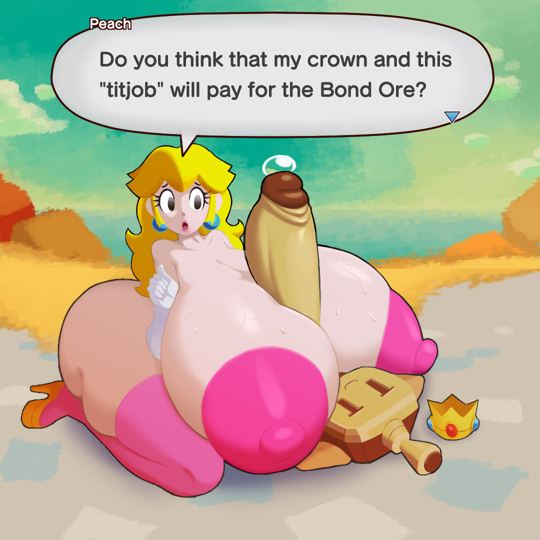 1boy, 1girls, alternate breast size, anonsprite, ass, ass bigger than head, blonde hair, breasts, breasts bigger than head, casual nudity, concordian, crown, dialogue, female, gigantic breasts, huge areolae, huge ass, huge cock, hyper, hyper ass, hyper breasts, hyper penis, long gloves, looking at penis, male, mario (series), mario and luigi (series), mario and luigi: brothership, nude, paizuri, pearl earrings, penis, penis awe, pink areola, precum, princess peach, public, public nudity, small but hung, teasing, thick thighs, titjob