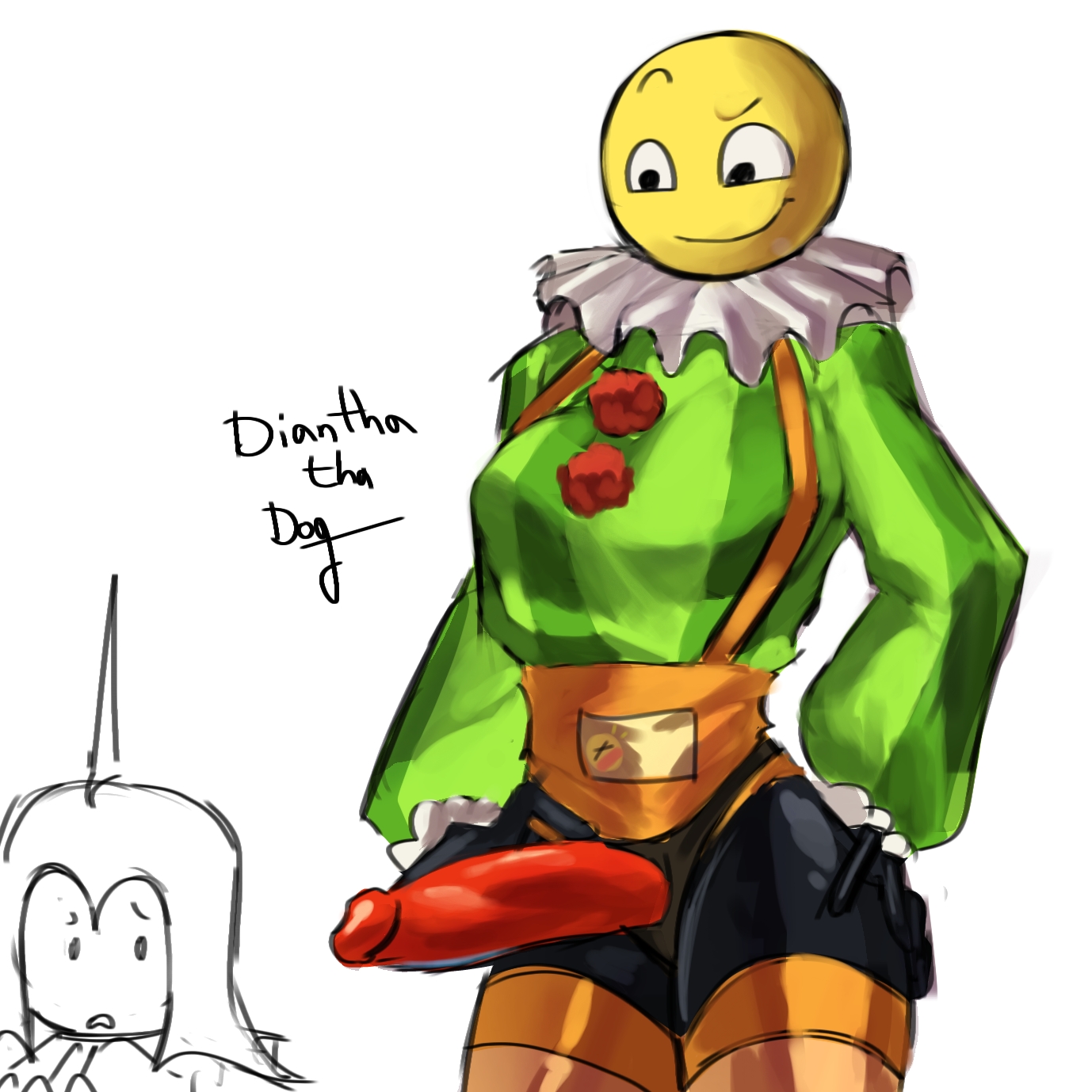 1boy, 1girls, artist signature, charlatan (forsaken), clothed, diantha tha dog, dominant female, female, female focus, femdom, forsaken (roblox), looking at penis, male, overalls, penis, ringmaster (forsaken), roblox, roblox game, scared, simple background, sketch, smug, strap-on, strapon, tagme, white background