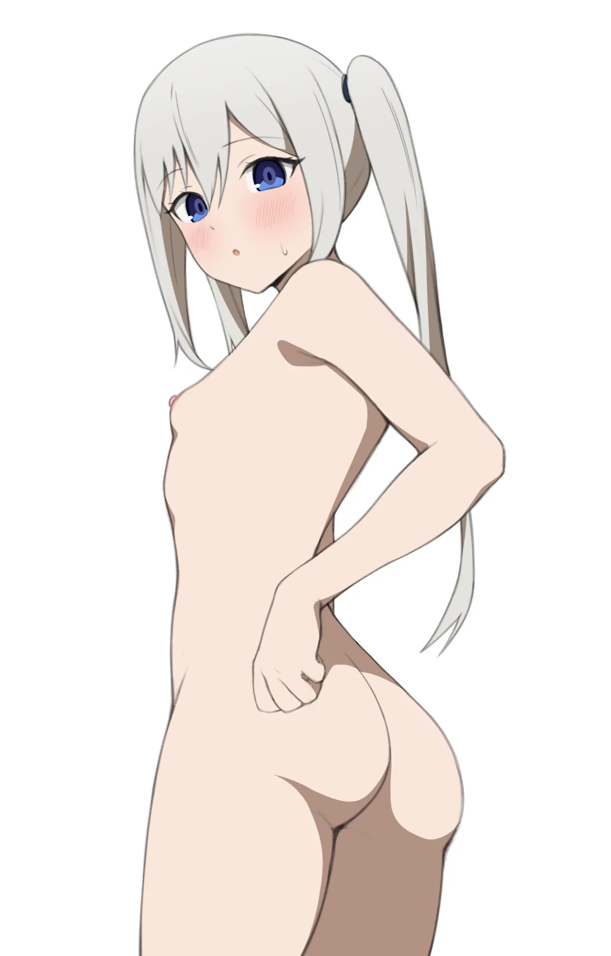 1girls, ass, blue eyes, blush, blushing, breasts, coro fae, female, female only, flat chest, kaguya-sama wa kokurasetai ~tensai-tachi no renai zunousen~, looking at viewer, looking back, round ass, shirogane kei, small breasts, solo, teenage female, teenager, twintails, white hair