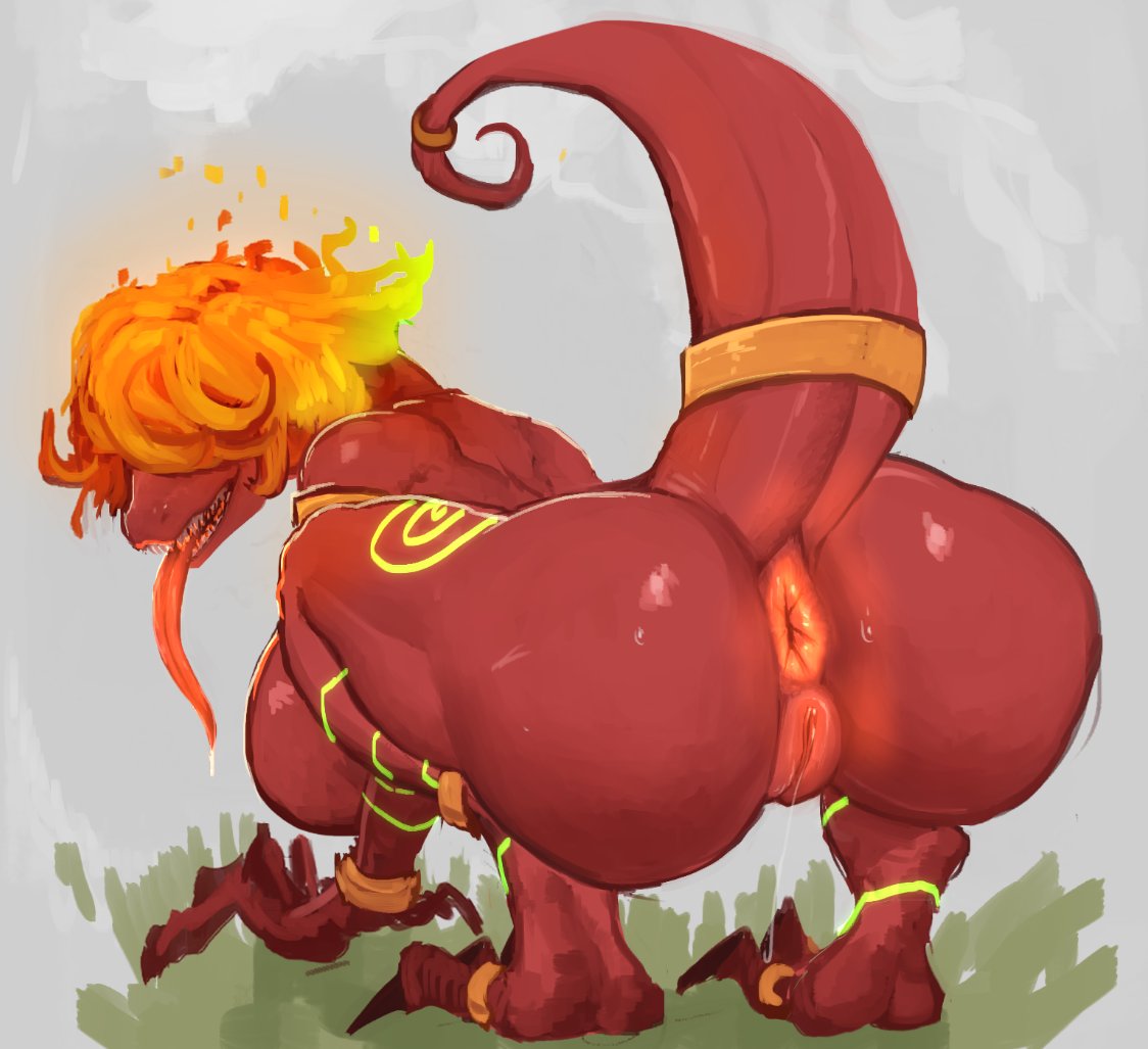anus, ass, dddoodles, detailed anus, durrelia (raptorvel), female, fire hair, furry, hair over eyes, looking back, pussy, red body, scalie, short hair, snout, spread anus, spread ass, tail, tongue, tongue out, wrinkly anus