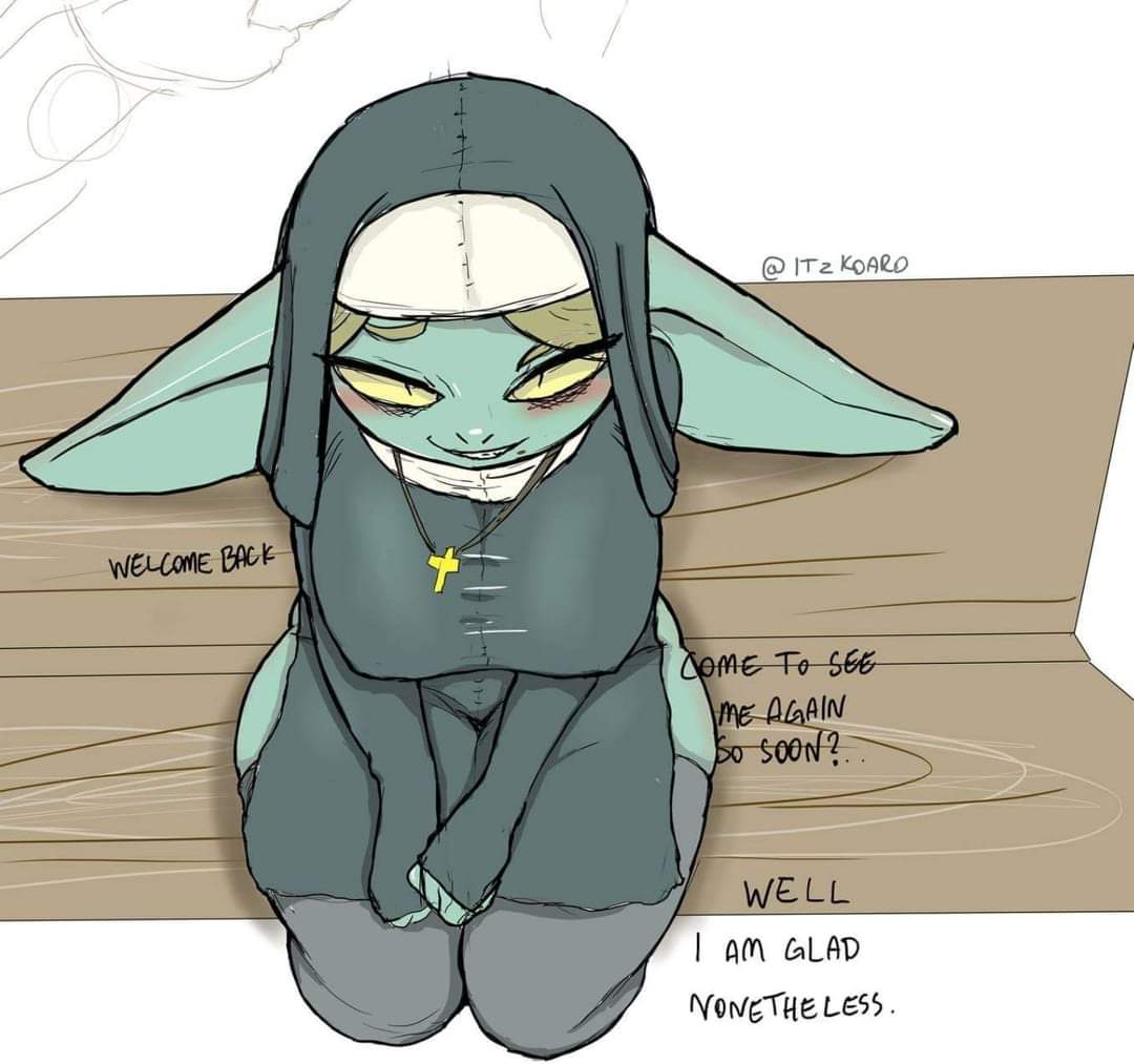 cross_necklace english_text female goblin goblin_female green_skin habit koaru nun religious_clothing religious_headwear religious_symbols shortstack stockings