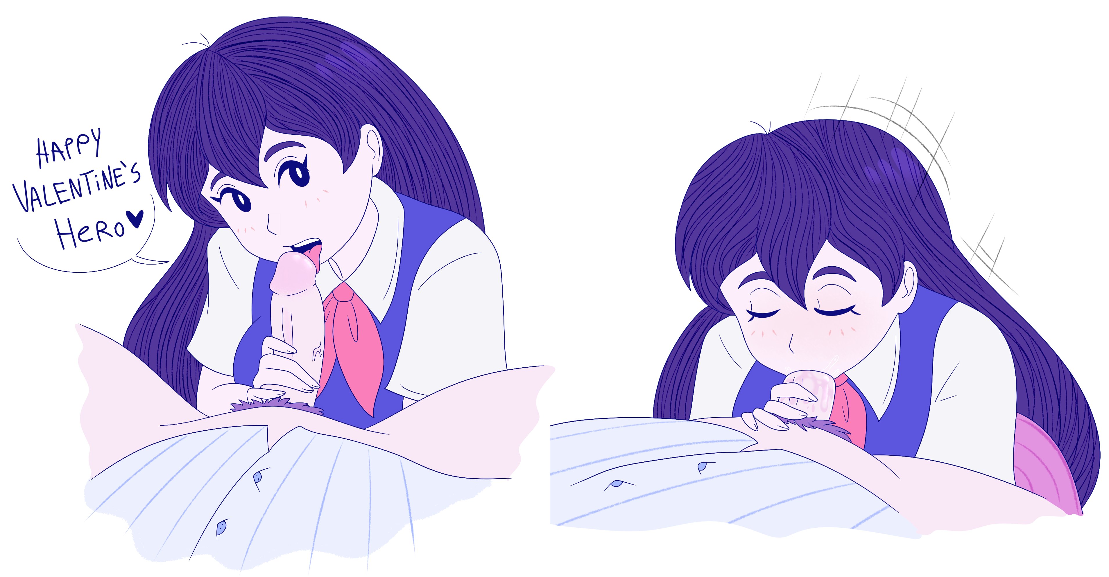 blowjob, fellatio, hero (headspace) (omori), hero (omori), mari (headspace) (omori), mari (omori), omori, rainy (artist)
