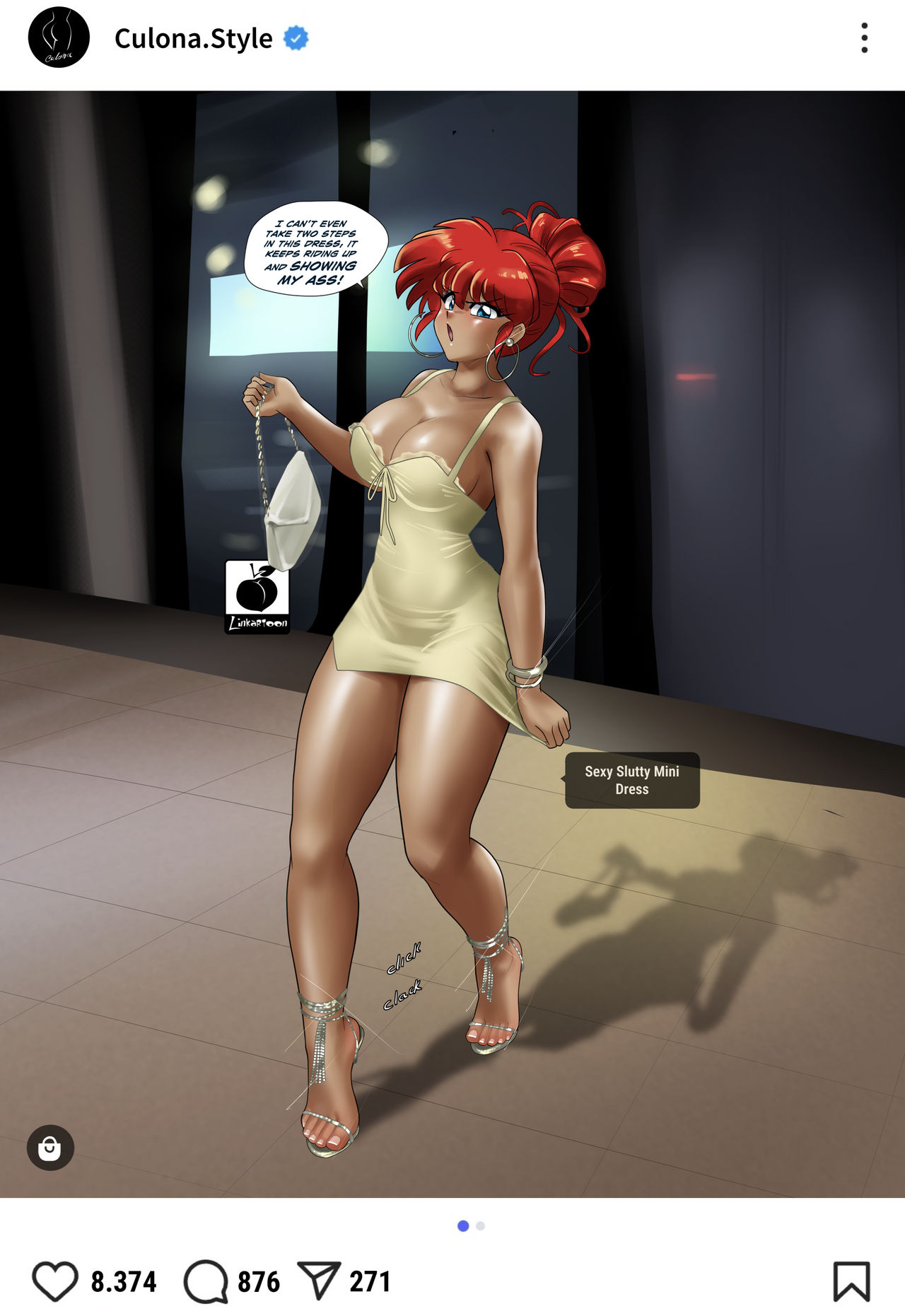 annoyed, blush, embarrassed, female, handbag, heels, high heels, instagram, linkartoon, microdress, ranma 1/2, ranma saotome, ranma-chan, red hair, sexy dress, slutty dress, speech bubble