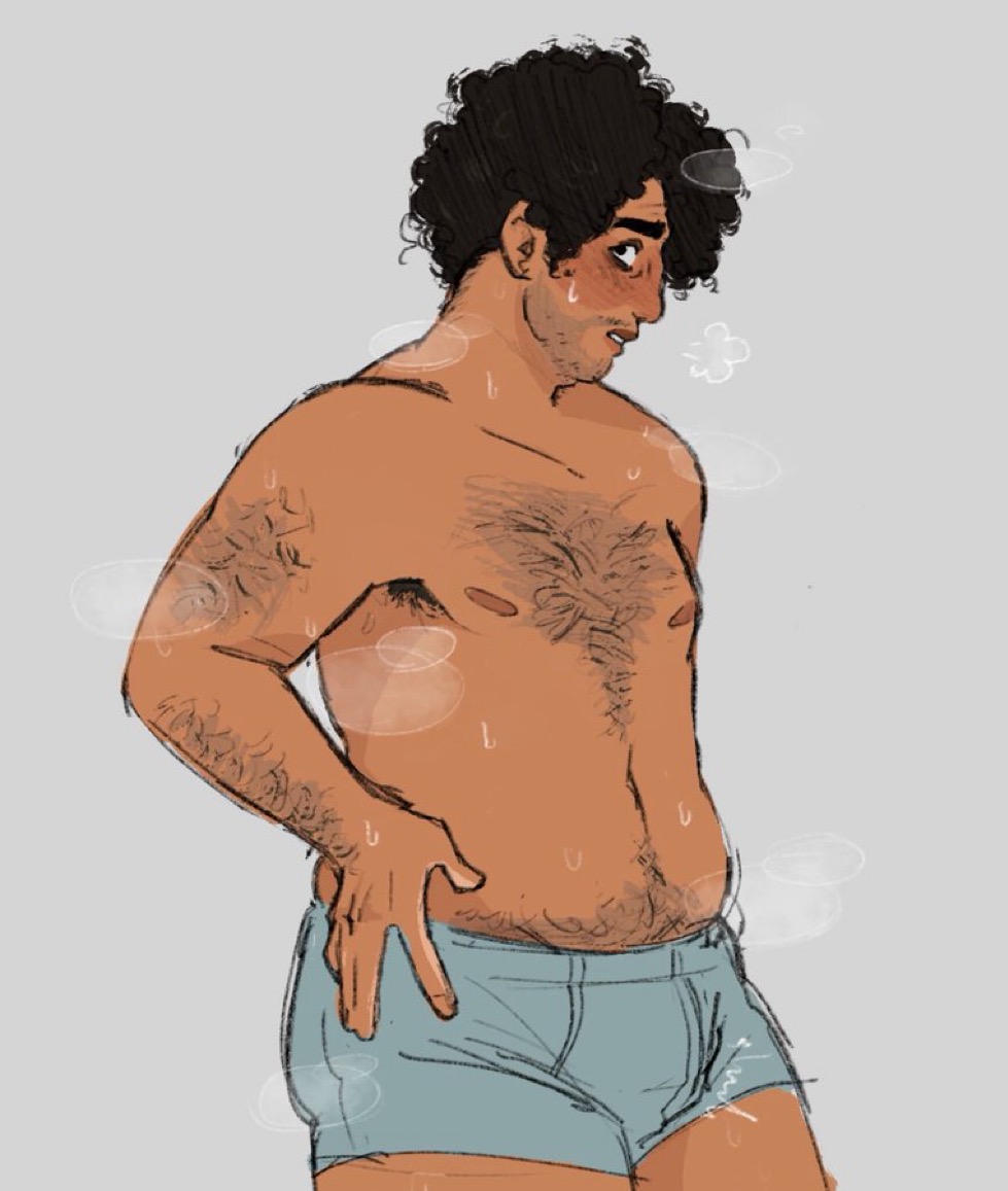 afro, bear (body type), blush, bulge, chubby, curly hair, date everything, erection, hairy, hairy armpits, hairy chest, hairy male, half naked, hands on hips, hard on, hector valentino airnesto condicionado (date everything), looking back, male, male focus, male only, messy hair, nervous, rugged, shy, soft belly, steam, steamy, sweat, sweaty