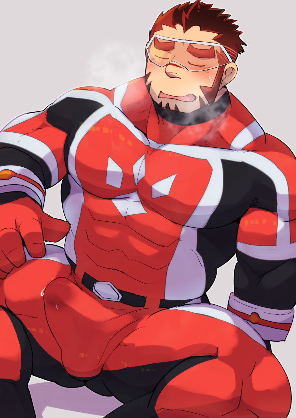 1boy akashi_(live_a_hero) baishen_(shi_rosaru675) bara bodysuit breath bulge cum cum_in_clothes cum_through_clothes erection erection_under_clothes facial_hair feet_out_of_frame goatee goggles highres large_pectorals live-a-hero long_sideburns male male_focus male_only muscular muscular_male pectorals red_bodysuit red_hair scar scar_on_face scar_on_nose short_hair sideburns sitting solo spread_legs thick_eyebrows thick_thighs thighs