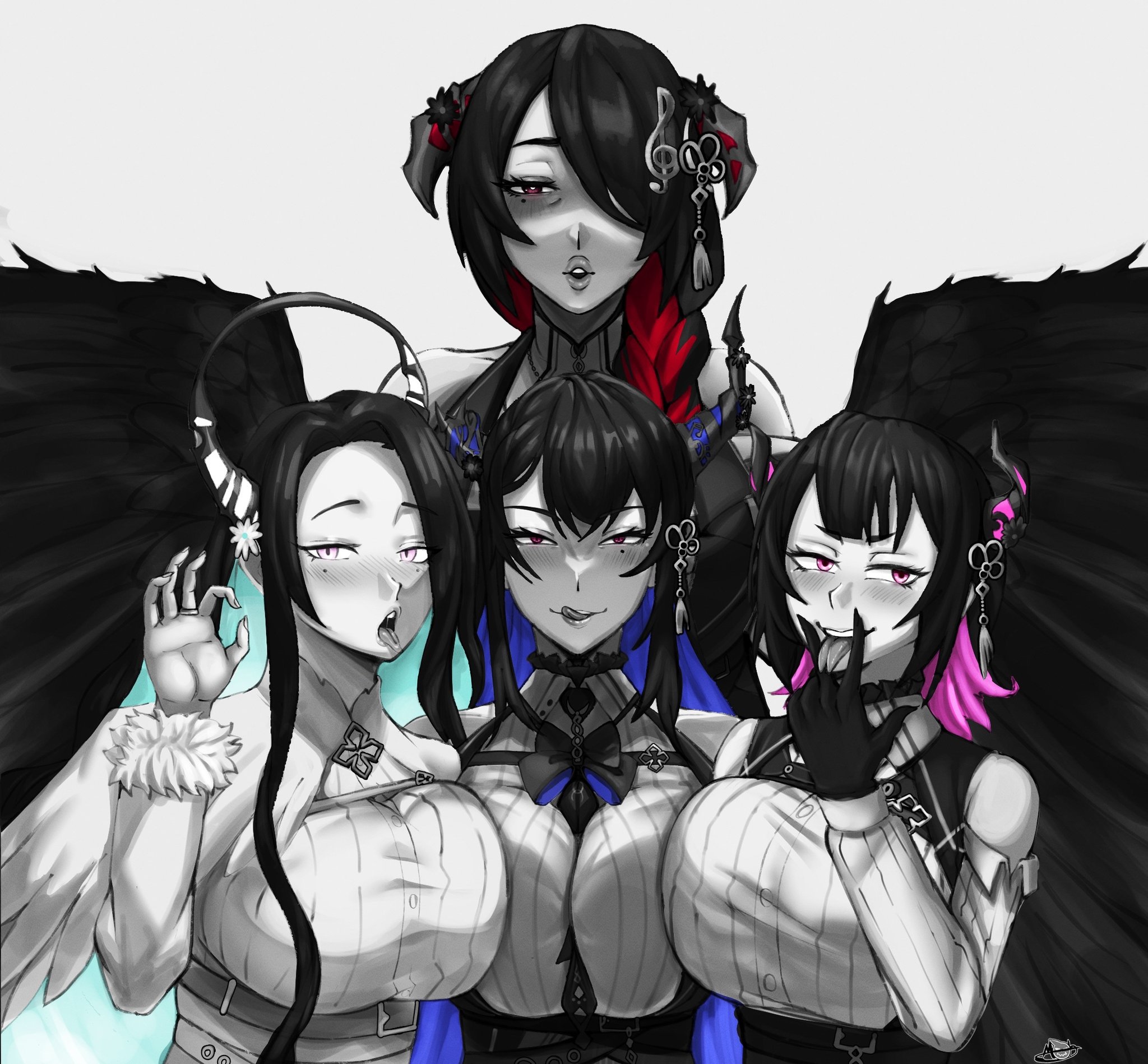 2d, 2d (artwork), 4girls, aradia ravencroft, black hair, breasts, colored inner hair, demon, demon girl, demon horns, female, female only, forked tongue, gesture, handjob gesture, hololive, hololive english, hololive english -advent-, large breasts, malpha ravencroft, mamarissa, mobi mobi, mobubeinglewd, mother, mother and daughter, nerissa ravencroft, selective color, sisters, split tongue, suggestive, suggestive gesture, virtual youtuber, white background