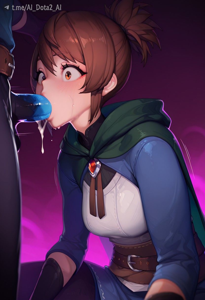 1boy ai_dota_ai ai_generated belt black_gloves blue_skin blush breasts brown_belt brown_eyes brown_hair cape cloak colored_skin cum cum_in_mouth deepthroat dota_2 fellatio female gloves green_cape hood hood_down irrumatio makeup marci marci_(dota) oral penis ponytail saliva short_hair short_ponytail solo_focus straight uncensored wide-eyed