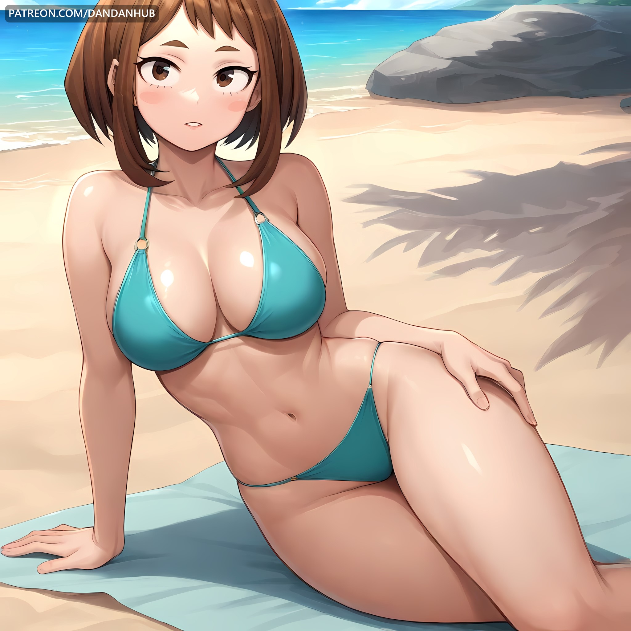 1girls, ai generated, arm support, bare shoulders, beach, bikini, blue bikini, blue sky, blush, blush stickers, boku no hero academia, breasts, brown eyes, brown hair, brown-haired female, cleavage, collarbone, dandanhub, day, female, female only, large breasts, looking at viewer, my hero academia, navel, ocean, ochako uraraka, outdoors, parted lips, patreon username, sand, short hair, sidelocks, sitting, skindentation, sky, solo, swimsuit, thighs, towel, uraraka ochako, watermark