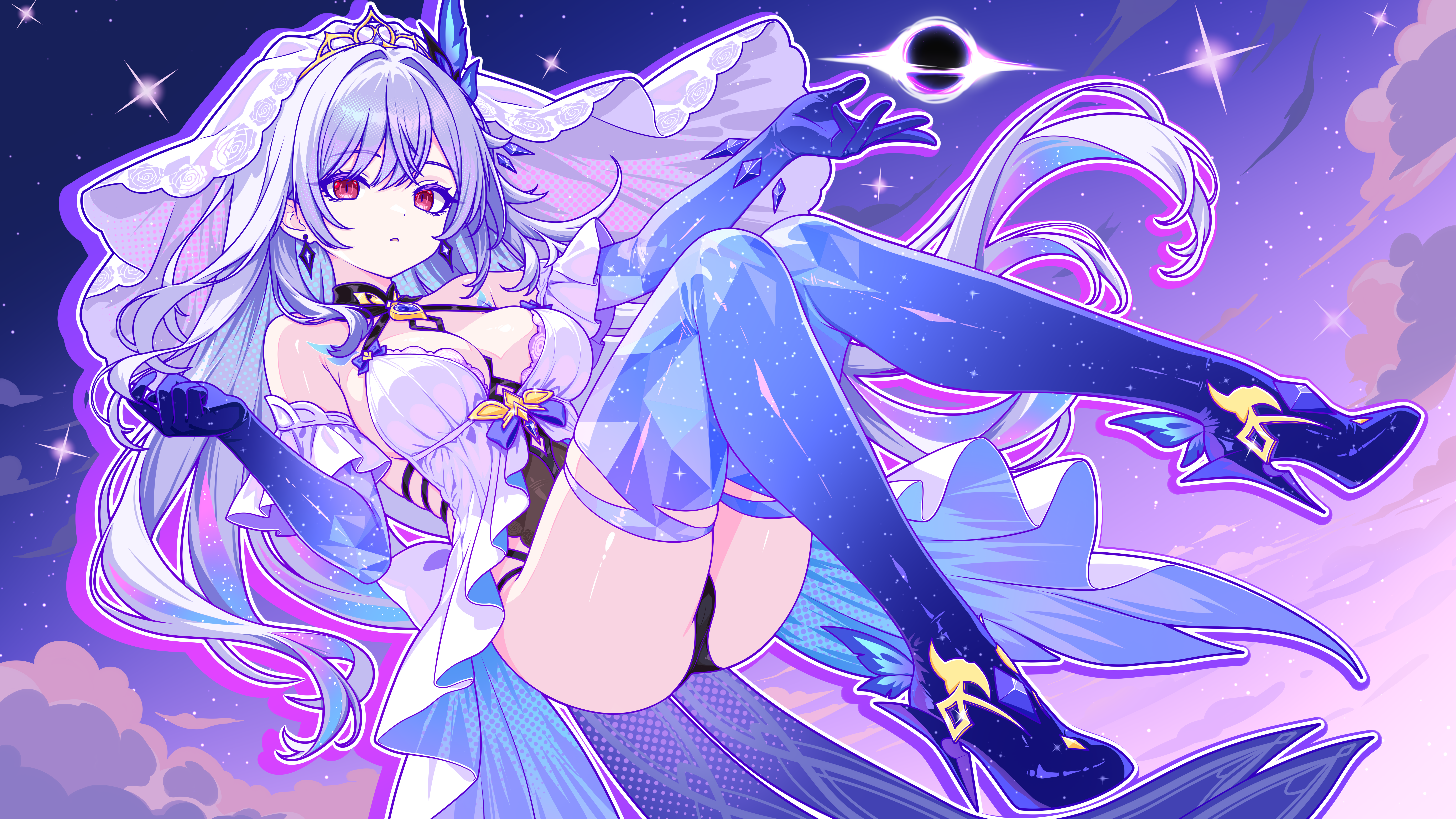 floating, genshin impact, legs, not porn, panties, prostethics, purple hair, red eyes, skirk (genshin impact), wedding dress, white hair