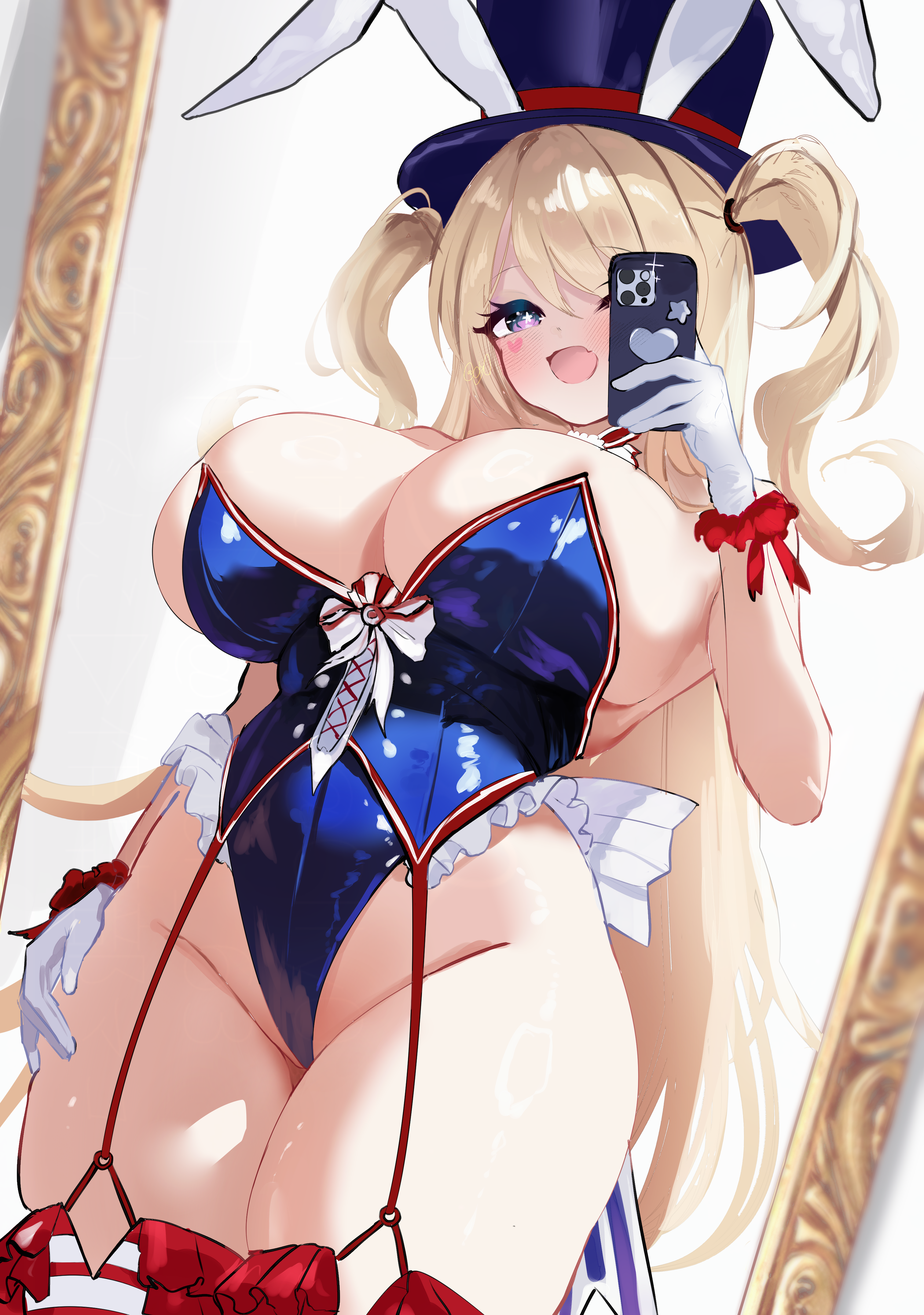 absurdres, animal ears, azur lane, blonde hair, blue leotard, blush, breasts, cellphone, cleavage, dutch angle, facial mark, fake animal ears, female, frilled leotard, frills, gloves, guam (azur lane), guam (stage-setting charmer) (azur lane), hat, heart, heart facial mark, highres, holding, holding phone, huge breasts, leotard, long hair, looking at viewer, mirror, mirror selfie, official alternate costume, open mouth, phone, phone over face, playboy bunny, purple eyes, ramune ramune, red garter straps, selfie, skindentation, smartphone, smile, solo, standing, star (symbol), star-shaped pupils, sweat, symbol-shaped pupils, taking picture, thighhighs, top hat, two side up, white gloves