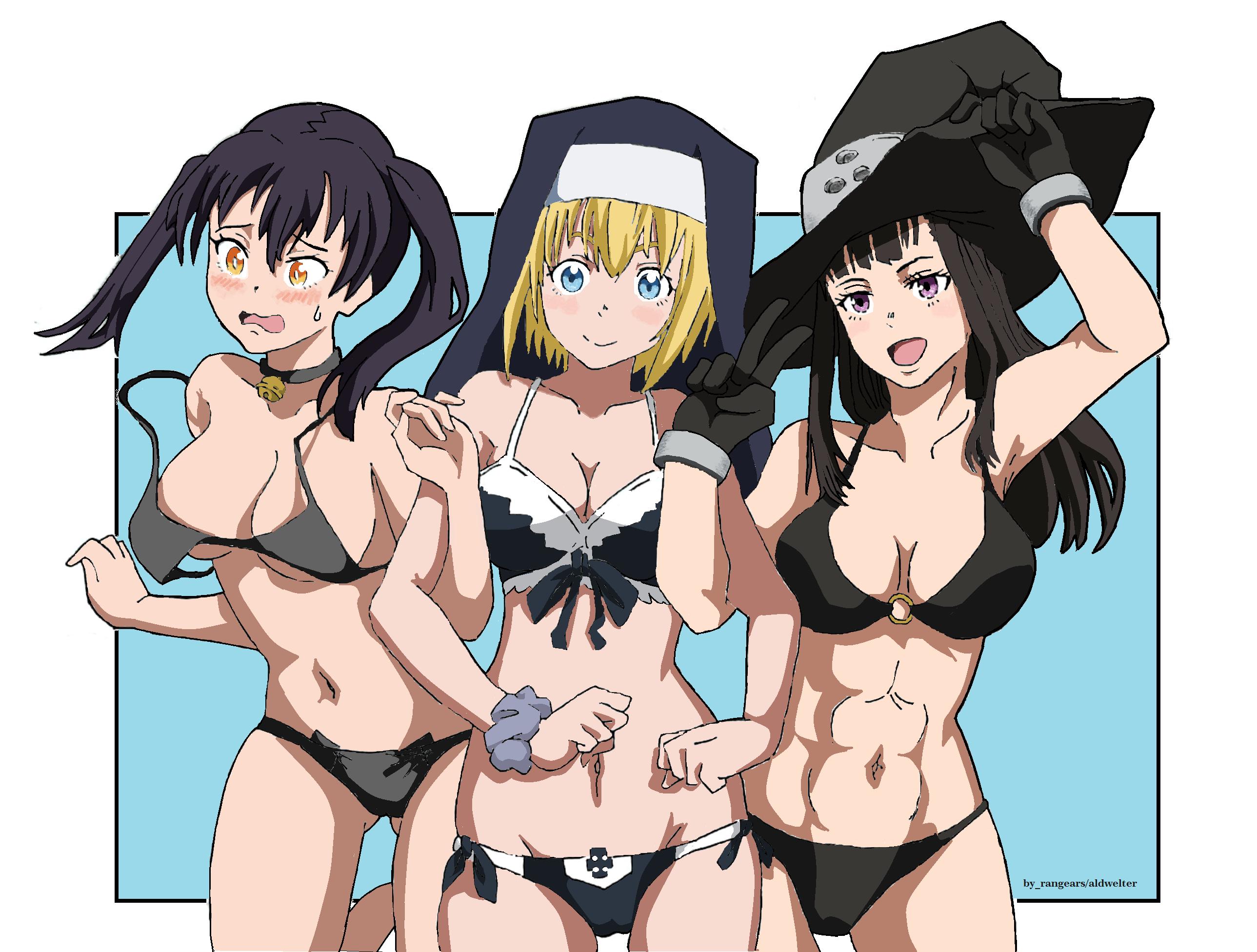 2d, 2d (artwork), 2d artwork, 3girls, abs, adult, adult female, aldwelter, almost naked, almost nude, arm above head, arm up, armpit, armpit crease, armpit peek, armpits, ass visible through thighs, bare armpits, bare arms, bare belly, bare chest, bare hands, bare hips, bare legs, bare midriff, bare navel, bare shoulders, bare skin, bare thighs, belly, belly button, big breasts, bikini, bikini bottom, bikini only, bikini top, black bikini, black bikini bottom, black bikini top, black choker, black gloves, black hair, black swimsuit, black swimwear, black-haired female, blonde eyebrows, blonde female, blonde hair, blonde hair female, blonde-haired female, blue background, blue eyes, blue-eyed female, blush, blush face, blushing at viewer, blushing female, breasts, busty, busty female, busty girl, busty teen, choker, cleavage, closed mouth smile, collarbone, curvaceous, curvaceous body, curvaceous female, curvaceous figure, curvaceous hips, curvaceous teen, curvy, curvy body, curvy female, curvy figure, curvy hips, curvy teen, digital, digital art, digital drawing, digital drawing (artwork), digital media, digital media (artwork), ecchi, embarrassed, embarrassed expression, embarrassed female, en'en no shouboutai, enen no shouboutai, exposed armpits, exposed arms, exposed belly, exposed chest, exposed hips, exposed legs, exposed midriff, exposed navel, exposed shoulders, exposed skin, exposed thighs, female, female focus, female only, fingers, fire force, flustered, flustered female, front-tie bikini, front-tie bikini top, gloves, groin, hair between eyes, hairless armpits, halterneck, hand above head, hand up, high resolution, highres, hourglass figure, inguinal crease, inguinal ligament, kotatsu tamaki, large boobs, large breasts, lean figure, long hair, looking at viewer, maki oze, mature, mature female, midriff, mostly nude, multiple females, multiple girls, muscular, muscular female, naked, naked female, naked woman, narrow waist, navel, nearly nude, nervous, nervous expression, nervous face, nervous female, nude, nude female, nudity, open mouth, open mouth smile, orange eyes, orange-eyed female, oze maki, parted lips, partially exposed vulva, partially visible vulva, peace sign, ponytail, practically nude, presenting armpit, purple eyes, purple-eyed female, shaved armpits, short hair, shoulders, shy, shy expression, shy female, shy girl, side-tie bikini, sign, simple background, sister iris (enen no shouboutai), sister iris (fire force), slender body, slender waist, slim waist, smile, smiley face, smiling, smiling at viewer, standing, stomach, string bikini, swimsuit, swimwear, teen girl, teenage girl, teenage tits, teenager, thick thighs, thigh gap, thighs, tongue, twintails, twintails (hairstyle), upper body, v, v sign, white background, white pupils, wide hips, witch hat, yellow eyebrows, yellow hair, yellow-haired female, young female, young woman