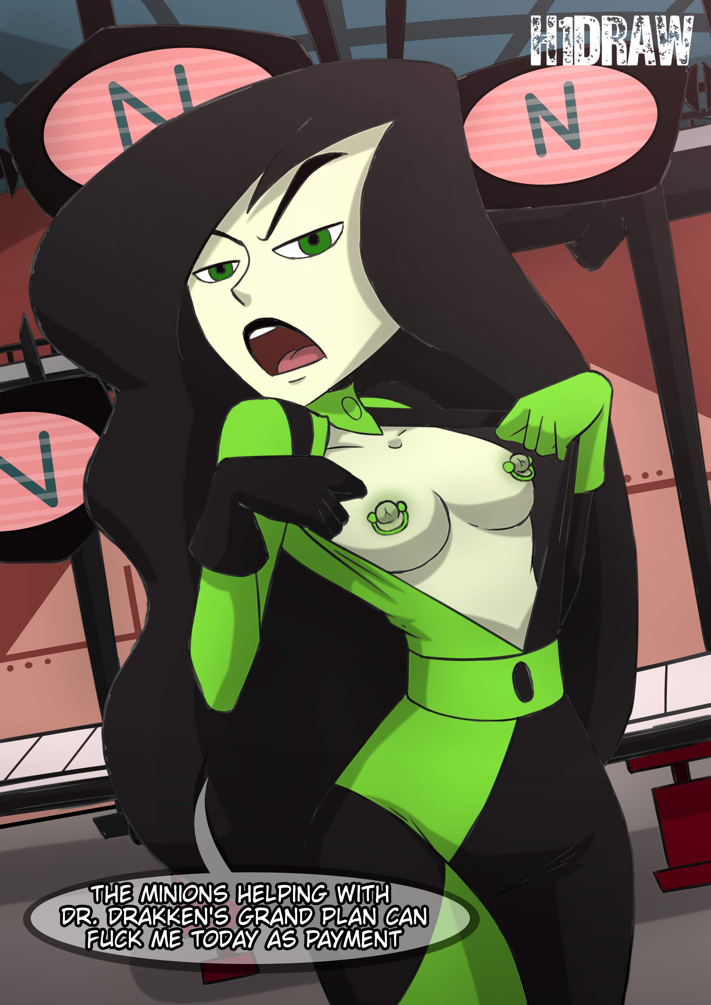 2d, black hair, busty, disney, disney channel, female, female focus, h1draw, hourglass figure, kim possible, pale skin, pale-skinned female, red hair, shego, speech bubble, wide hips