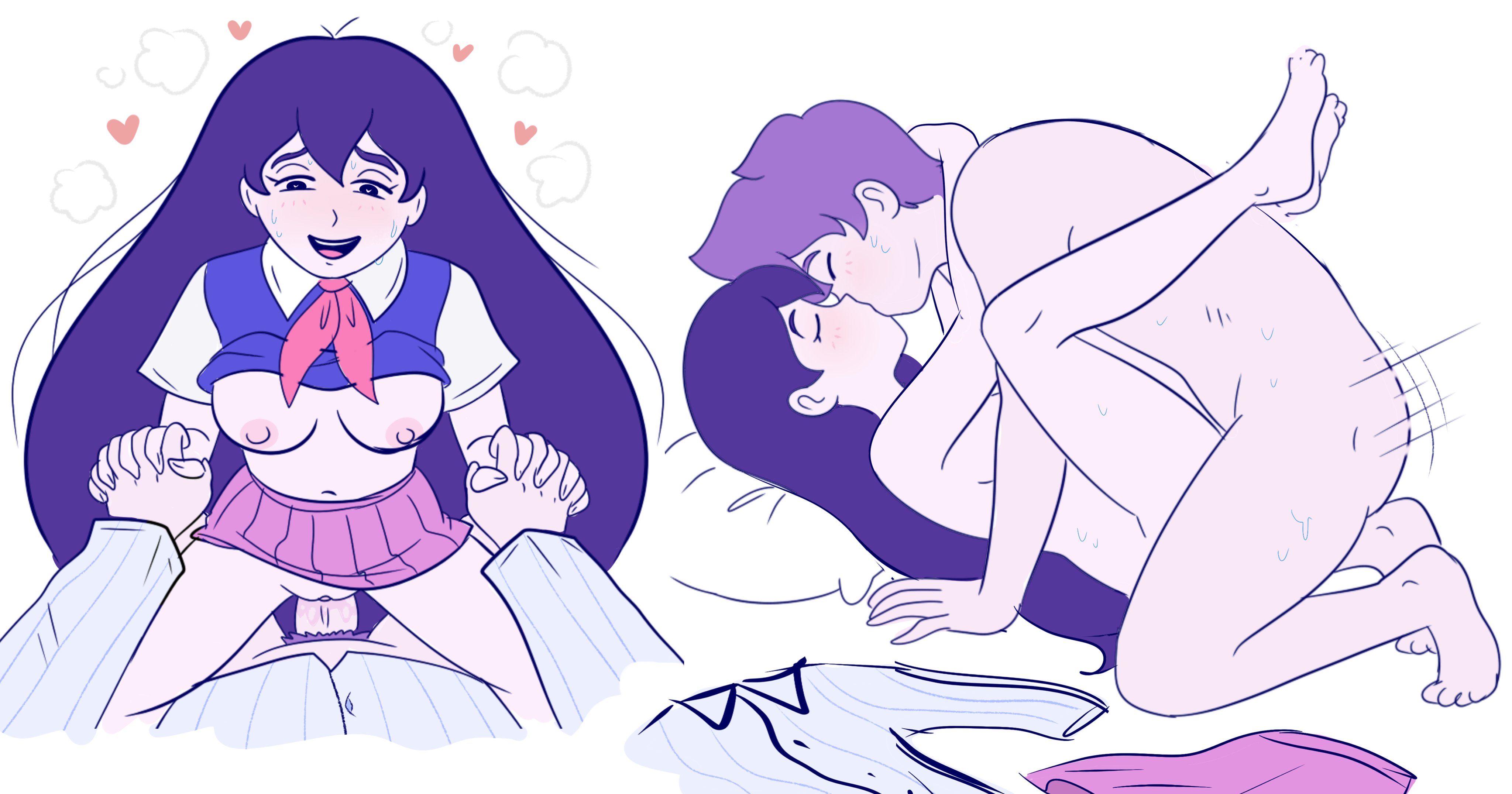 1girls, black hair, breasts, closed eyes, clothed sex, clothing, female, female on top, hand holding, hero (headspace) (omori), hero (omori), long hair, male, mari (headspace) (omori), mari (omori), nipples, nude, omori, open mouth, penetration, penis, pink skirt, pussy, rainy (artist), sex, shirt, shirt lift, skirt, skirt lift, smile, spread legs, undressing, vaginal penetration