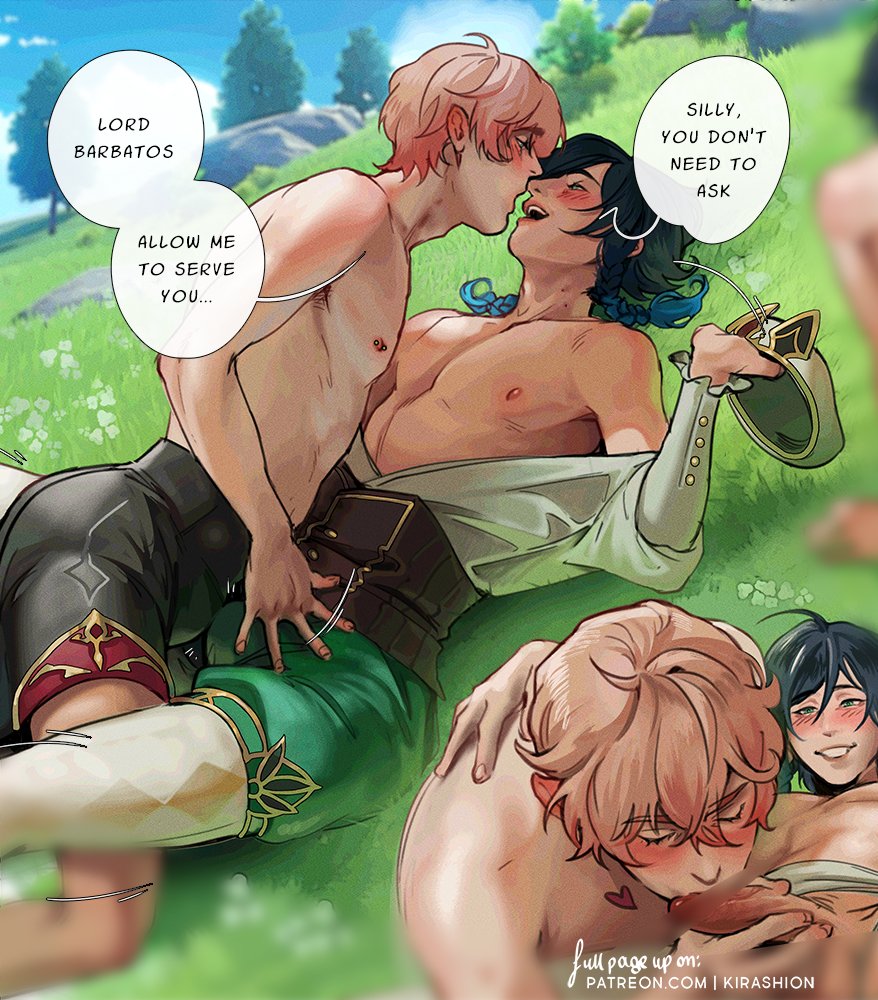 2boys, blowjob, dahlia (genshin impact), darksideofkira, english, english text, erect penis, erection, fellatio, gay, gay blowjob, gay sex, genshin impact, grass, height difference, kirashion, male, male only, male/male, nature, oral, oral sex, outdoor nudity, outdoors, outside, penis, size difference, text, text bubble, venti (genshin impact), yaoi