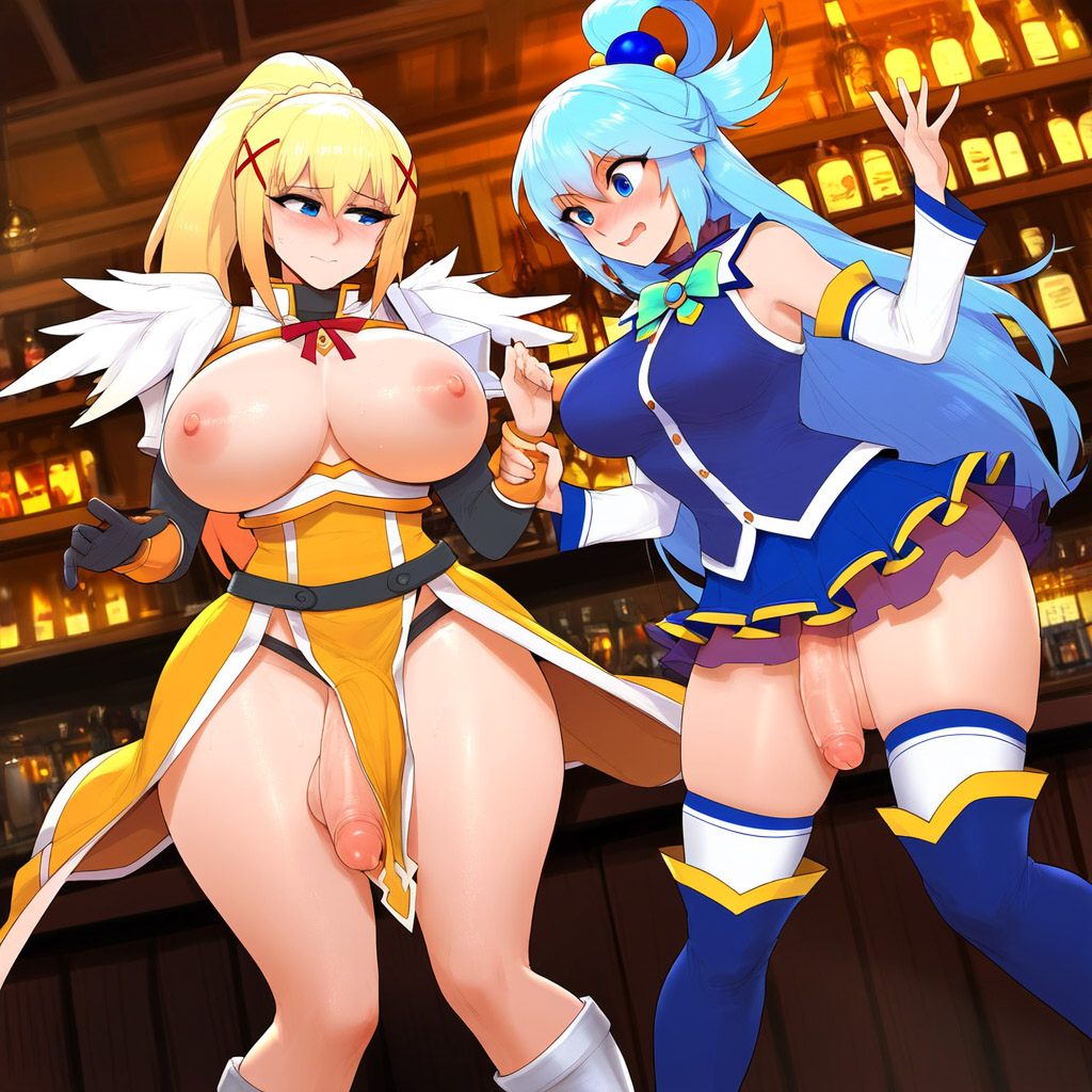 2futas, 2girls, ai generated, aqua (konosuba), balls, blonde hair, blue eyes, blue hair, blush, boots, breasts, darkness (konosuba), detached sleeves, duo, female, flaccid, flaccid penis, futa only, futanari, hair ornament, hair rings, intersex, kono subarashii sekai ni shukufuku wo!, large breasts, long hair, multiple females, multiple futa, multiple girls, multiple penises, nipples, no panties, penis, ponytail, racerai, skirt, testicles, thighhighs, uncensored, x hair ornament