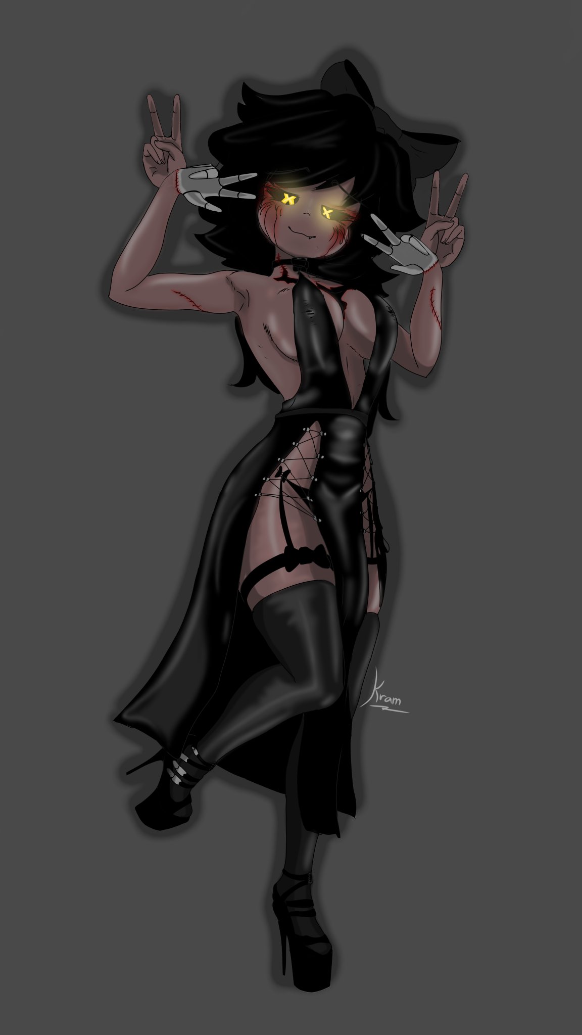 artist signature, bowtie, cyn (murder drones), cyntessa (murder drones), dress, female, female focus, female only, high heels, kramgnal, murder drones, skinsuit, stockings, wearing skin