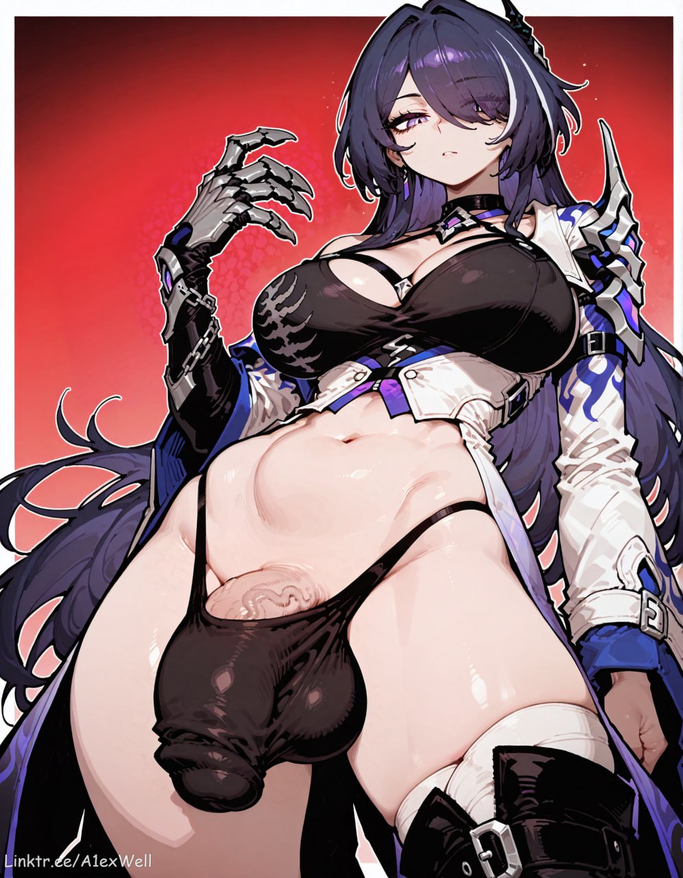 1futa, a1exwell, acheron (honkai: star rail), ai generated, bulge, futanari, hair over one eye, honkai (series), honkai: star rail, hoyoverse, intersex, penis, penis peek, stable diffusion, thick penis, thick thighs, uhh, veiny penis, wide hips