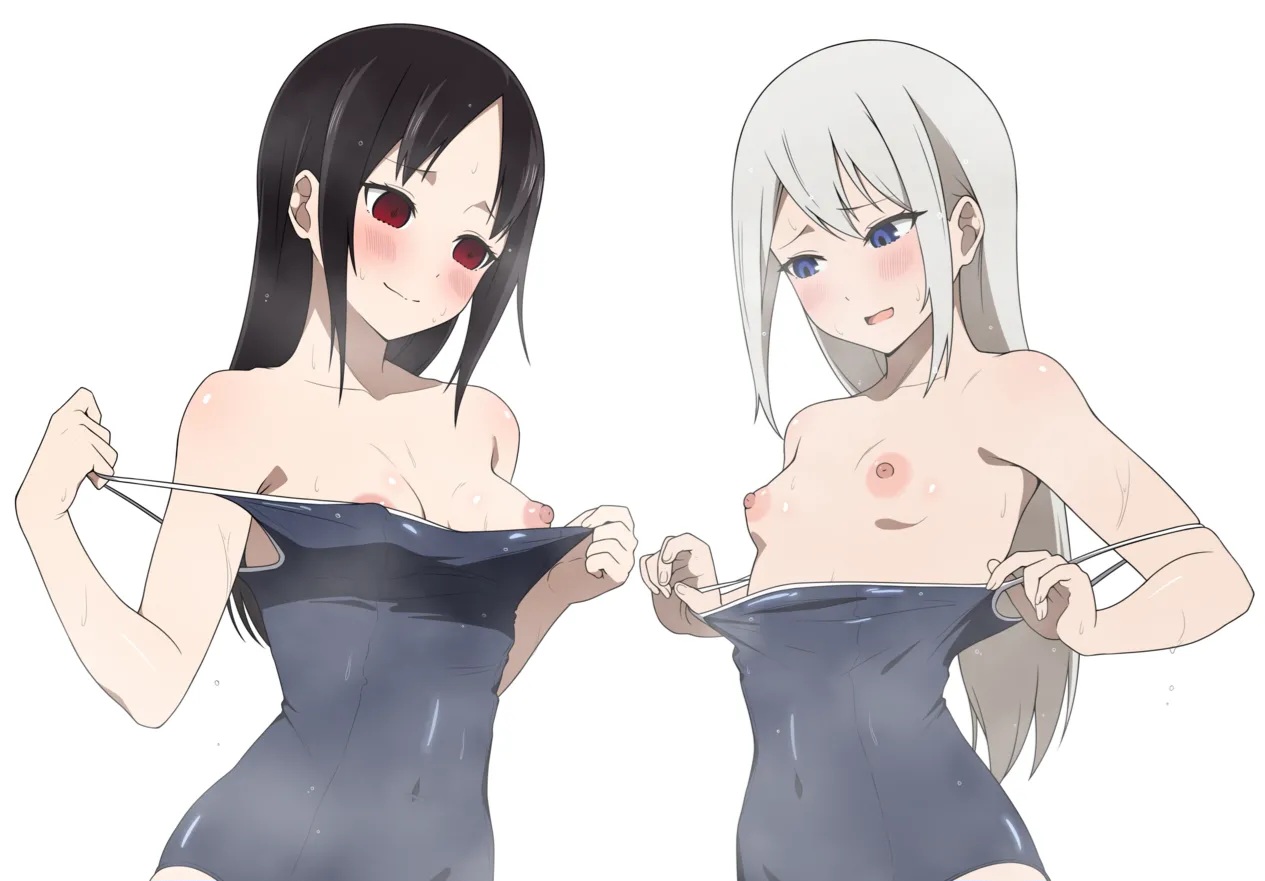 2girls, age difference, black hair, blue eyes, blush, blushing, breasts, comparing breasts, coro fae, female, female only, kaguya-sama wa kokurasetai ~tensai-tachi no renai zunousen~, long hair, looking at another, looking at breasts, medium breasts, multiple females, multiple girls, older female, one-piece swimsuit, red eyes, school swimsuit, senpai and kouhai, shinomiya kaguya, shirogane kei, showing breasts, small breasts, swimsuit, teenage female, teenager, teenager on teenager, white hair, younger female