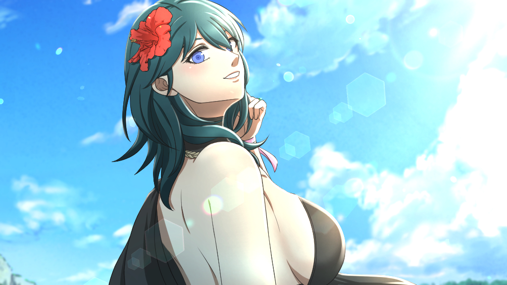 alternate_costume back back_view bare_back bikini black_bikini black_swimsuit blue_eyes blue_hair byleth_(fire_emblem) byleth_(fire_emblem)_(female) byleth_(summer)_(fire_emblem)_(female) ephikro0810 female female_only fire_emblem fire_emblem:_three_houses fire_emblem_heroes light-skinned_female light_skin looking_back nintendo official_alternate_costume solo swimsuit yuikawa