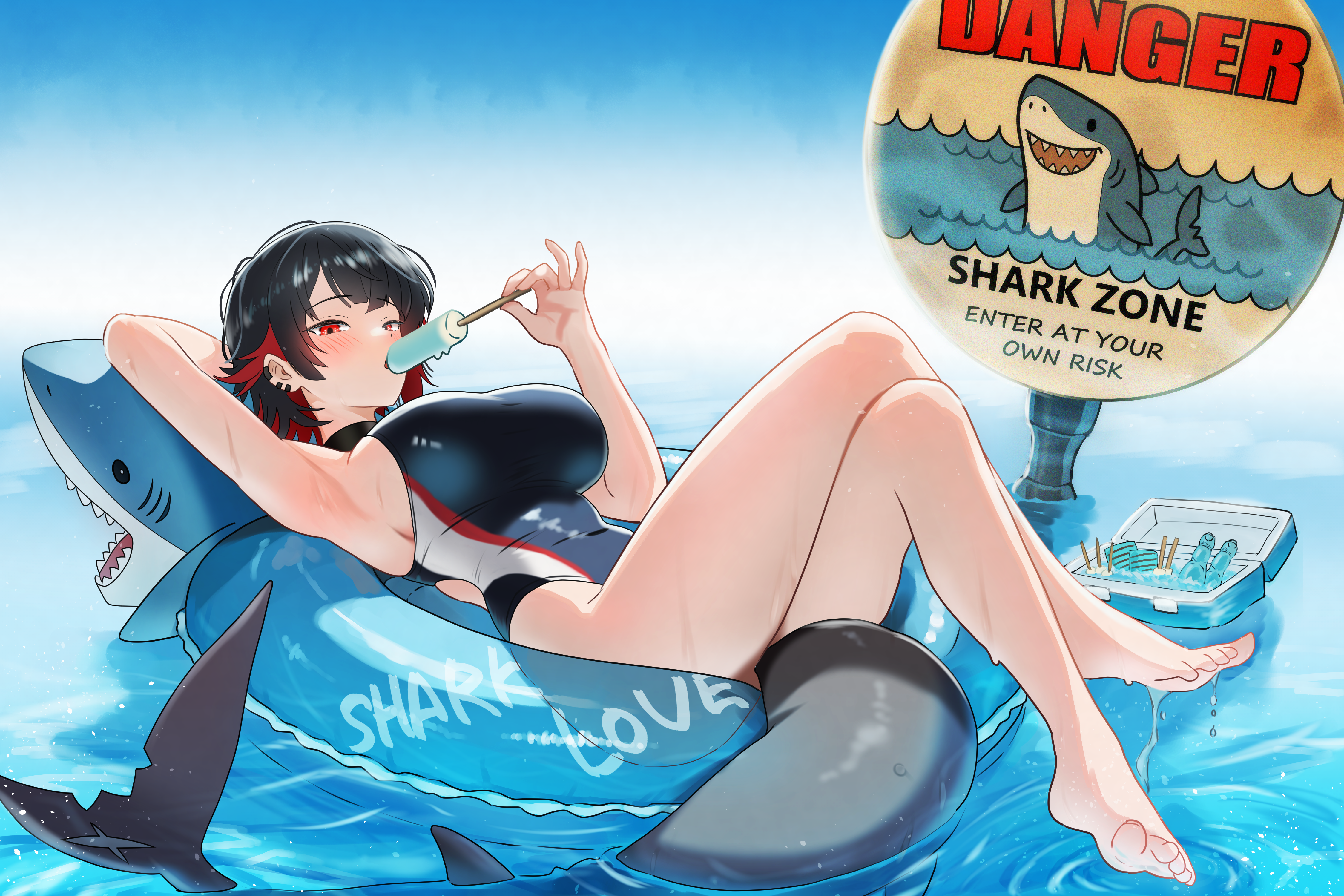 1girls, absurdres, armpits, bamboo tac, barefoot, black hair, black one-piece swimsuit, blush, breasts, colored inner hair, ellen joe, female, fins, fish tail, highleg, highleg one-piece swimsuit, highres, innertube, large breasts, looking at viewer, multicolored hair, one-piece swimsuit, red eyes, red hair, shark girl, shark tail, short hair, sign, solo, swim ring, swimsuit, tail, water, zenless zone zero