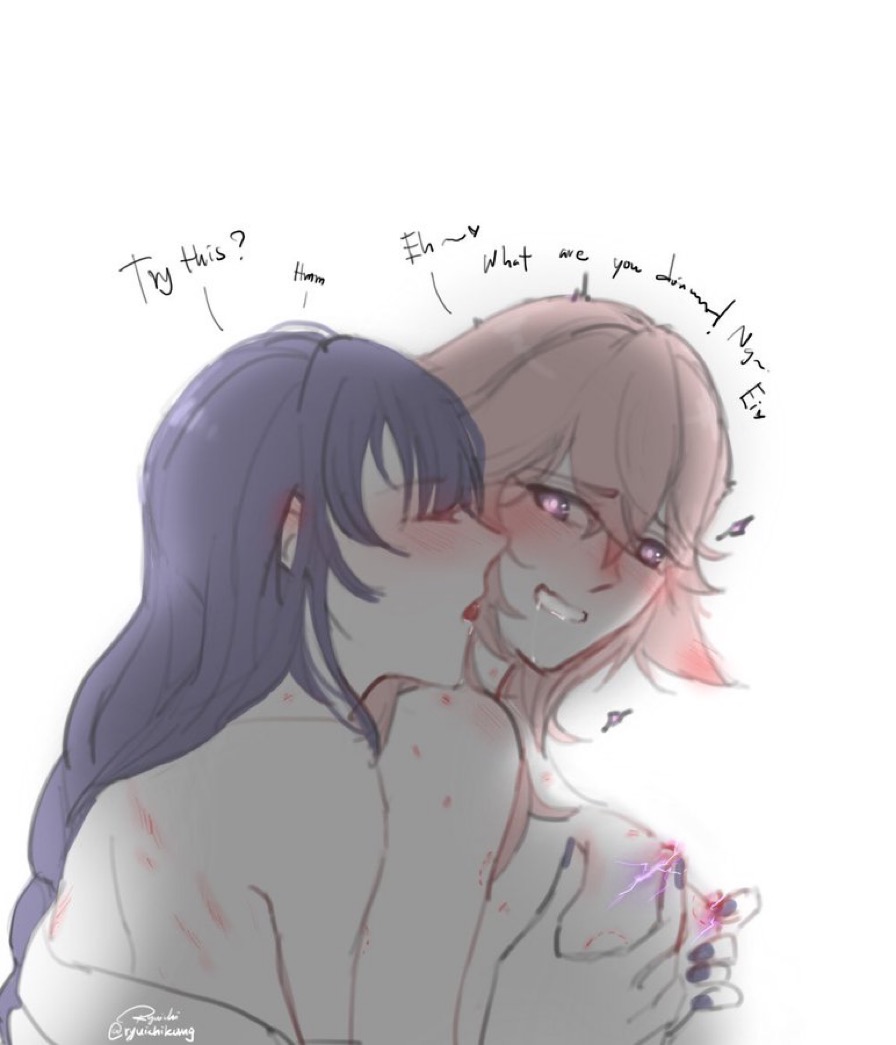 2girls, bite mark, braid, breast grab, breasts, drooling, electric, electric shock, electricity, electricity manipulation, electrostimulation, english dialogue, english text, female, female only, fondling, fondling breast, fox ears, fox girl, genshin impact, groping, groping breasts, groping from behind, heart-shaped pupils, hickey marks, kitsune, lesbian sex, light skin, light-skinned female, looking at partner, looking back, multiple females, multiple girls, nipple stimulation, pale skin, pale-skinned female, pink hair, pleasure face, purple hair, raiden shogun, scratch marks, shock, shocked, shocking, sparks, yae miko, yuri