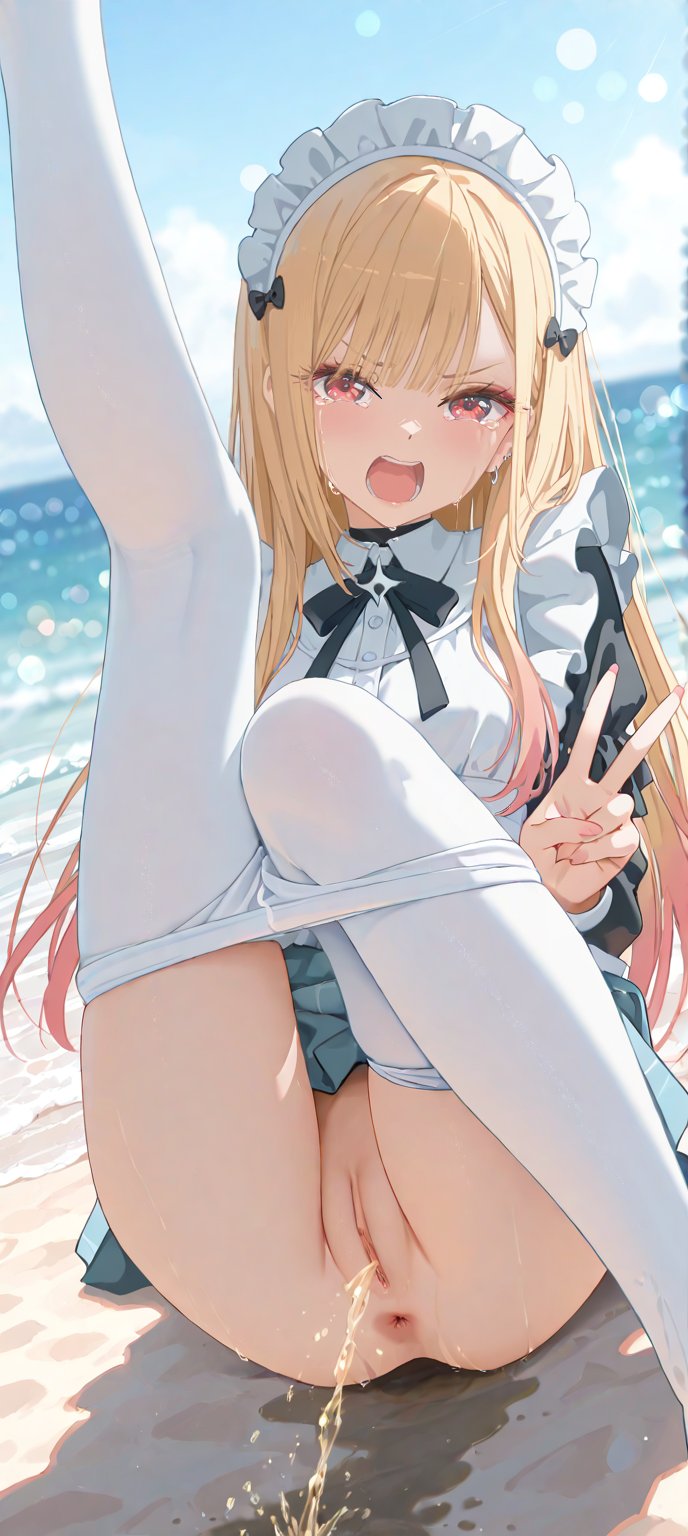1girls, ai generated, angry, anus, beach, blonde hair, blush, crying, crying with eyes open, female, female focus, female only, kitagawa marin, maid uniform, no panties, open mouth, outdoors, pantyhose, peace sign, peeing, pussy, red eyes, sono bisque doll wa koi wo suru, teeth, uncensored