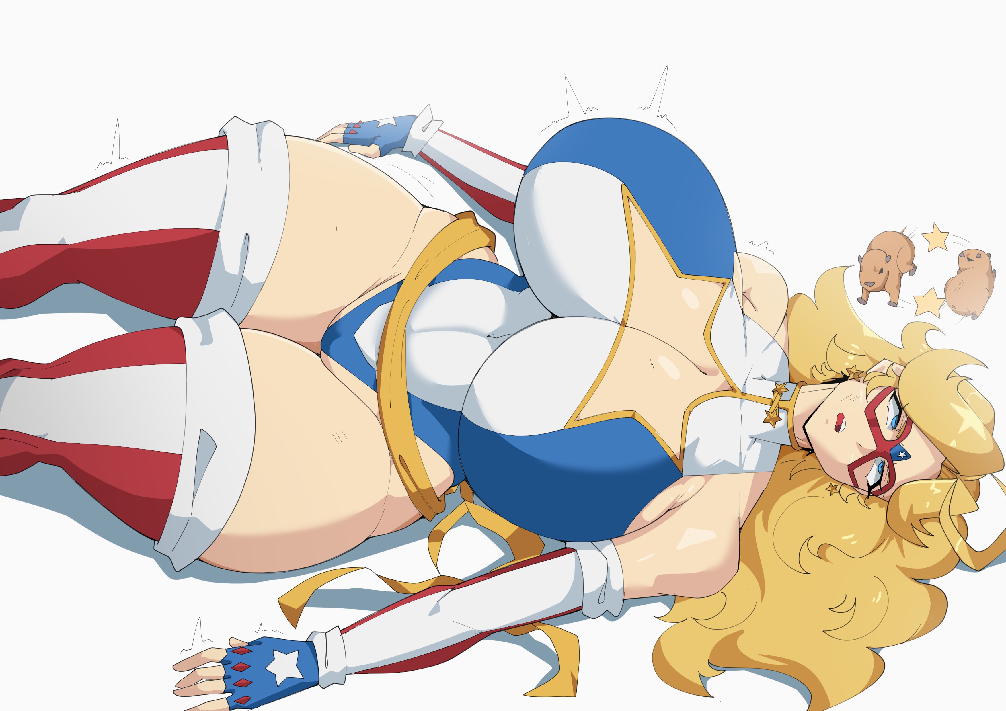 1girls, blonde hair, breasts, charlotte vanders, female, huge breasts, kamen america, kamen america (character), kamen america (series), knocked out, laying down, loftysundew, tagme