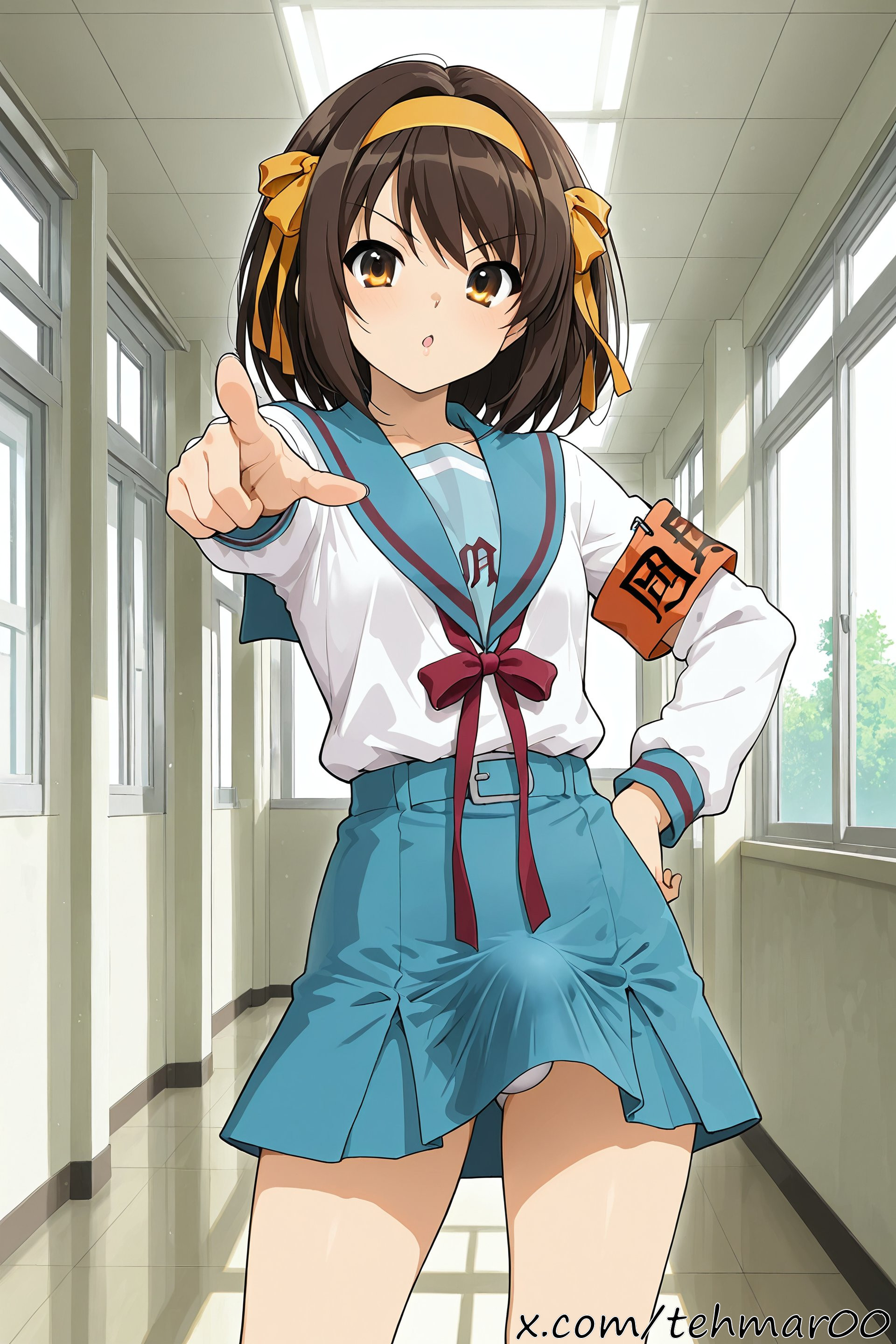 1boy, ai generated, armband, brown eyes, brown hair, bulge, clothing, femboy, genderswap (ftm), hairband, looking at viewer, male, panties, pointing at viewer, rule 63, school, school uniform, skirt, suzumiya haruhi, suzumiya haruhi no yuuutsu, tagme, tehmar, trans woman, transfem, trap