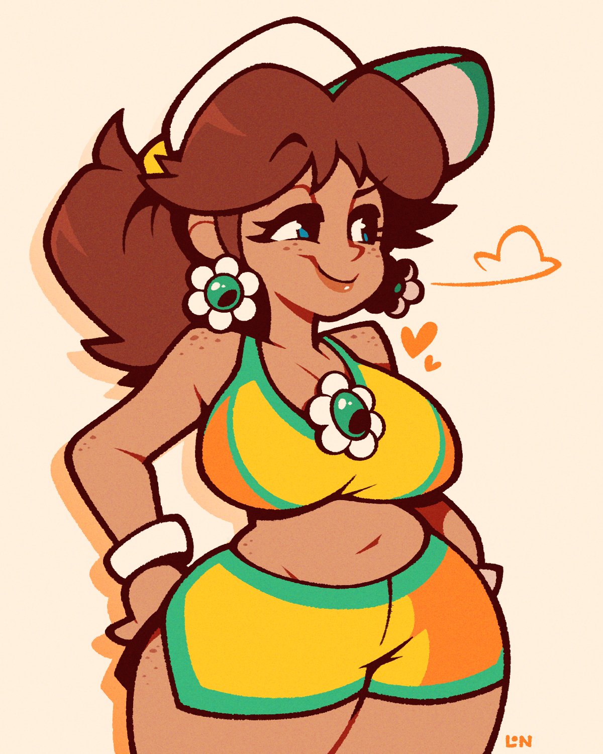 1girls, big breasts, breasts, brown hair, busty, curvy, earrings, female, green eyes, hat, heart, hips, hips wider than shoulders, legendofnerd, mario (series), mario kart, mario kart world, midriff, nintendo, ponytail, princess daisy, princess daisy (swimwear), short shorts, shorts, tan skin, tan-skinned female, thick thighs, thighs