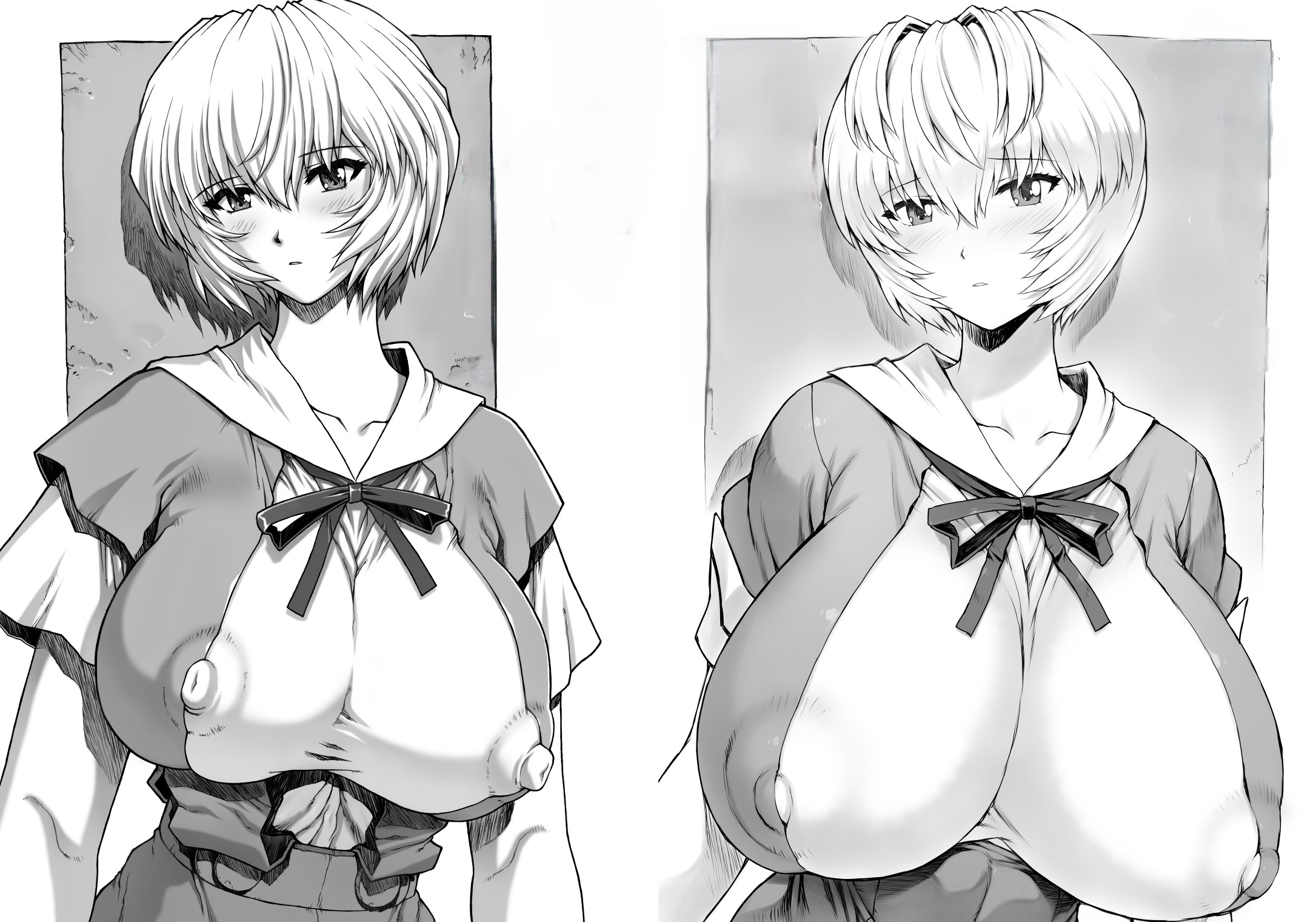 1girls, before and after, big breasts, breasts, breasts bigger than head, clothing, edit, erect nipples, erect nipples under clothes, female, female focus, female only, gigantic breasts, huge breasts, large breasts, mogudan, monochrome, neon genesis evangelion, nipples, nipples visible through clothing, rei ayanami, school uniform, short hair, solo, solo female, solo focus, voluptuous