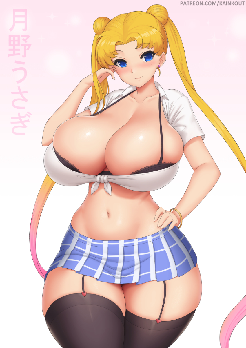 1girls, bangs, big breasts, bishoujo senshi sailor moon, blonde hair, blue eyes, bra, breasts, breasts bigger than head, cleavage, clothing, collarbone, curvy, double bun, earrings, female, female only, garter straps, gigantic breasts, hair ornament, hand on hip, highres, huge breasts, jewelry, kainkout, large breasts, long hair, miniskirt, multicolored hair, parted bangs, pose, revealing clothes, skirt, solo, stockings, thick thighs, thighhighs, thighs, twintails, underwear, usagi tsukino, very long hair, voluptuous
