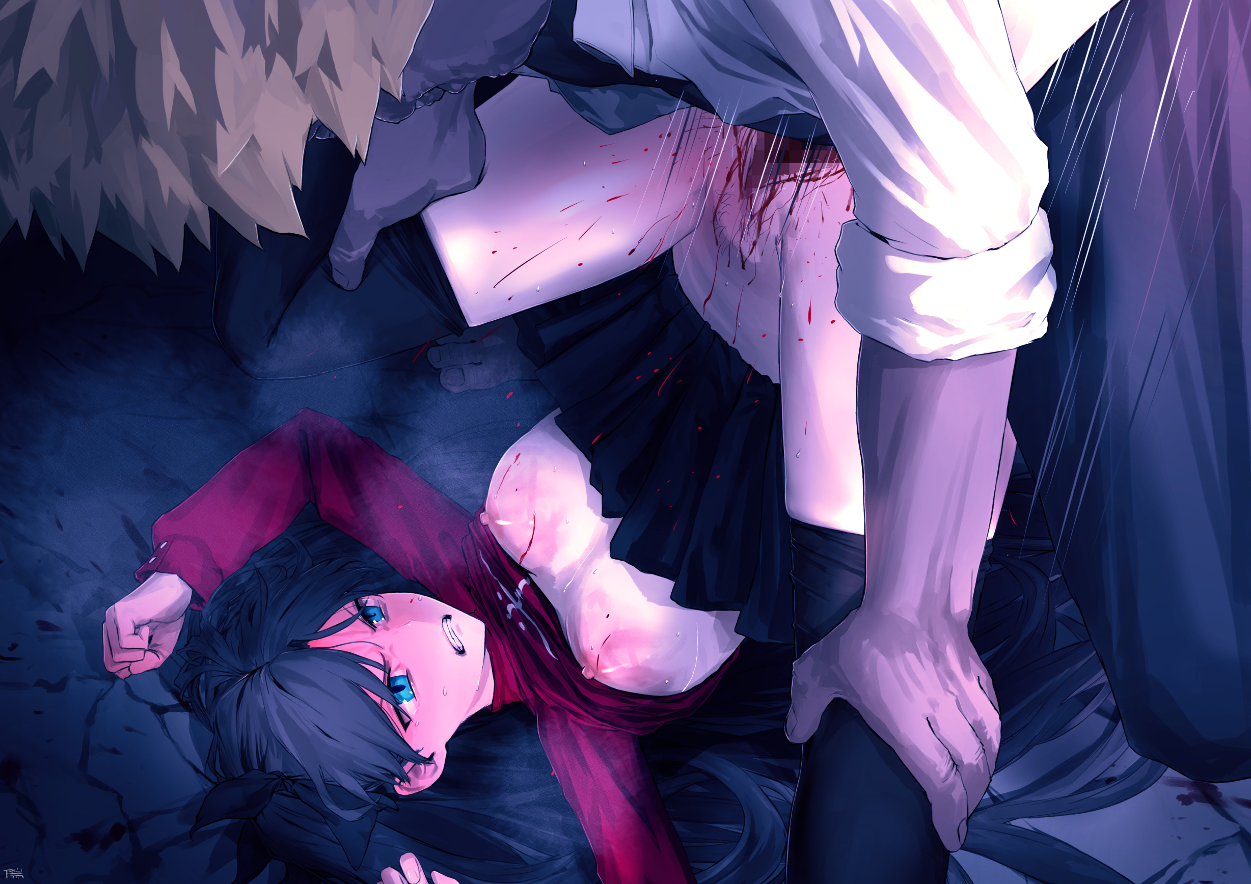 angry, angry expression, angry face, ass in air, big penis, black hair, black thighhighs, black-haired female, bleeding from pussy, blonde-haired male, blood, blood on breasts, blood on penis, blood on thighs, blood splatter, blood spray, blood stain, bloody pussy, blue eyes, blush, breasts, bruise, bruised breast, brutal rape, defiant, defloration, fate (series), fate/stay night, female, female pubic hair, grabbing from behind, hairbow, laughing, lifted shirt, long-haired female, male, medium breasts, mocking, mosaic censoring, multiple boys, multiple males, pale nipples, penetration, penis, penis piercing, phone, piledriver position, pink nipples, pubic hair, pubic stubble, pussy, red shirt, restrained, scared, sex, shitappa0120, short skirt, smiling, sole female, taking picture, teenage female, teenager, thighhighs, tohsaka rin, twintails, ugly bastard, vaginal blood, vaginal penetration, vaginal rape, violent rape, virgin, virginal blood