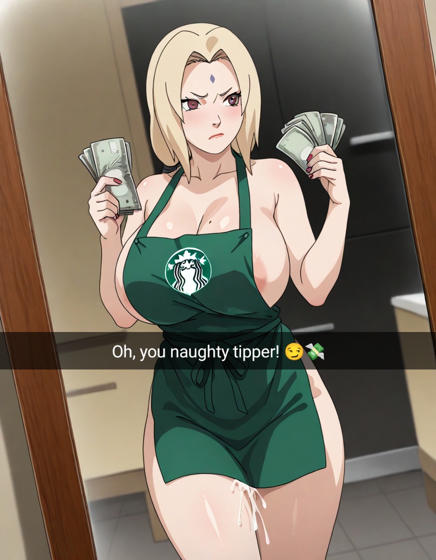 ai generated, covered in cum, female, holding money, naruto, naruto (series), naruto shippuden, snapchat, starbucks, tsunade