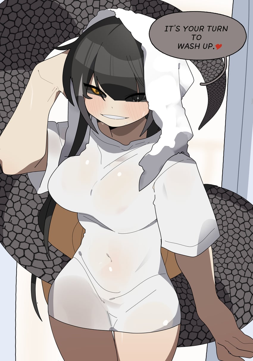female, junkzero, see-through clothing, shower, snake girl, snake tongue, wet