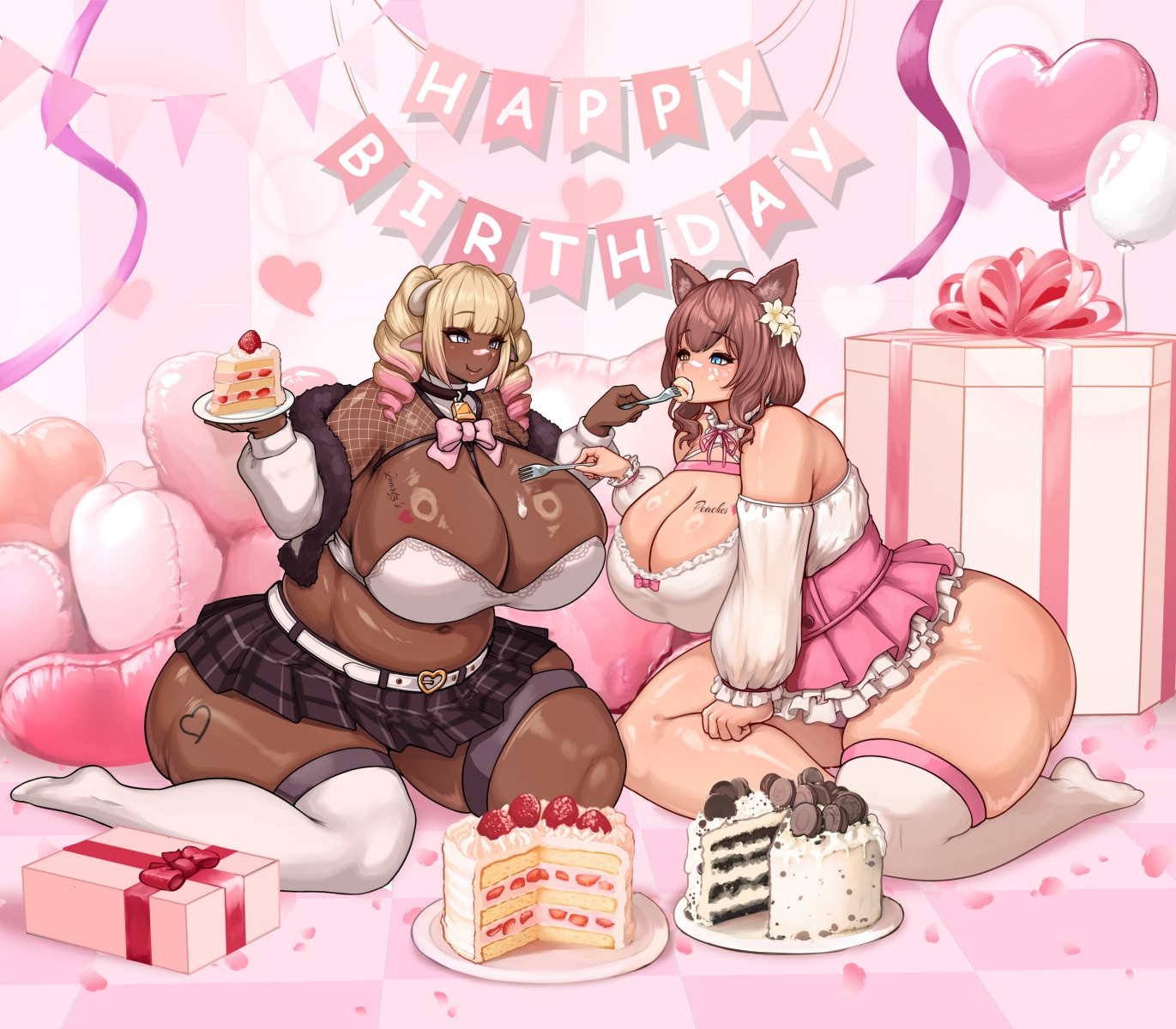 2girls, bbw, birthday, birthday cake, chubby, dark skin, dark-skinned female, female, female only, light skin, light-skinned female, original, original character, original characters, wet tea