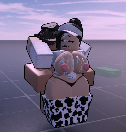1boy, 1girls, 3d, 3d (artwork), baseplate, big breasts, black hair, breasts, cowgirl outfit, cum on breasts, cum on face, cumslut, female, implied penetration, low, lowres, male, partially clothed female, ponytail, roblox, roblox avatar, roblox studio, robloxian, self-upload, thong