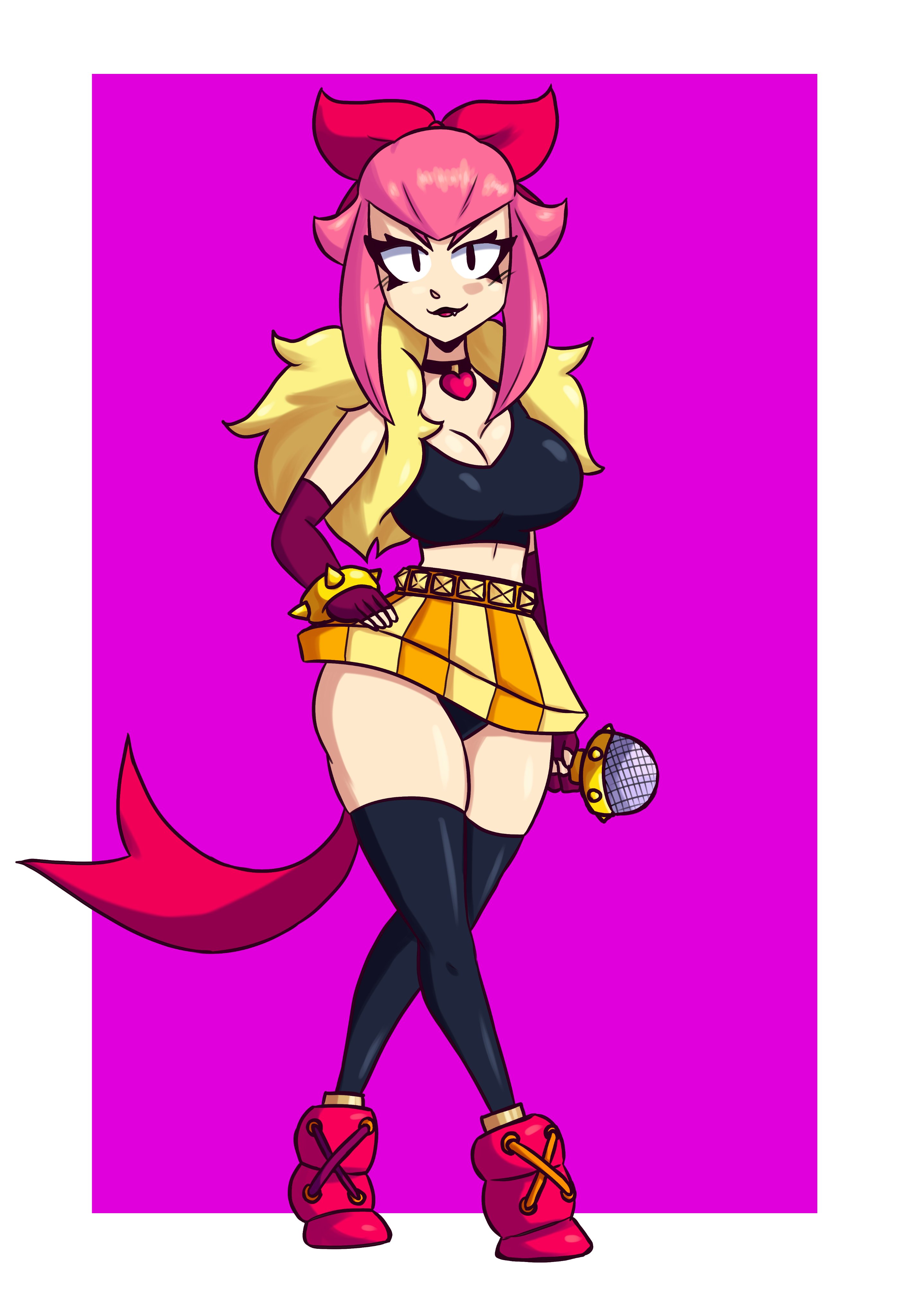 1girls, big breasts, big hips, big thighs, black eyes, black panties, black top, black topwear, brawl stars, breasts, female, female only, full comfort, heart, heart necklace, light-skinned female, melodie (brawl stars), microphone, miniskirt, pink hair, red ribbon, skirt, strip game, yellow skirt