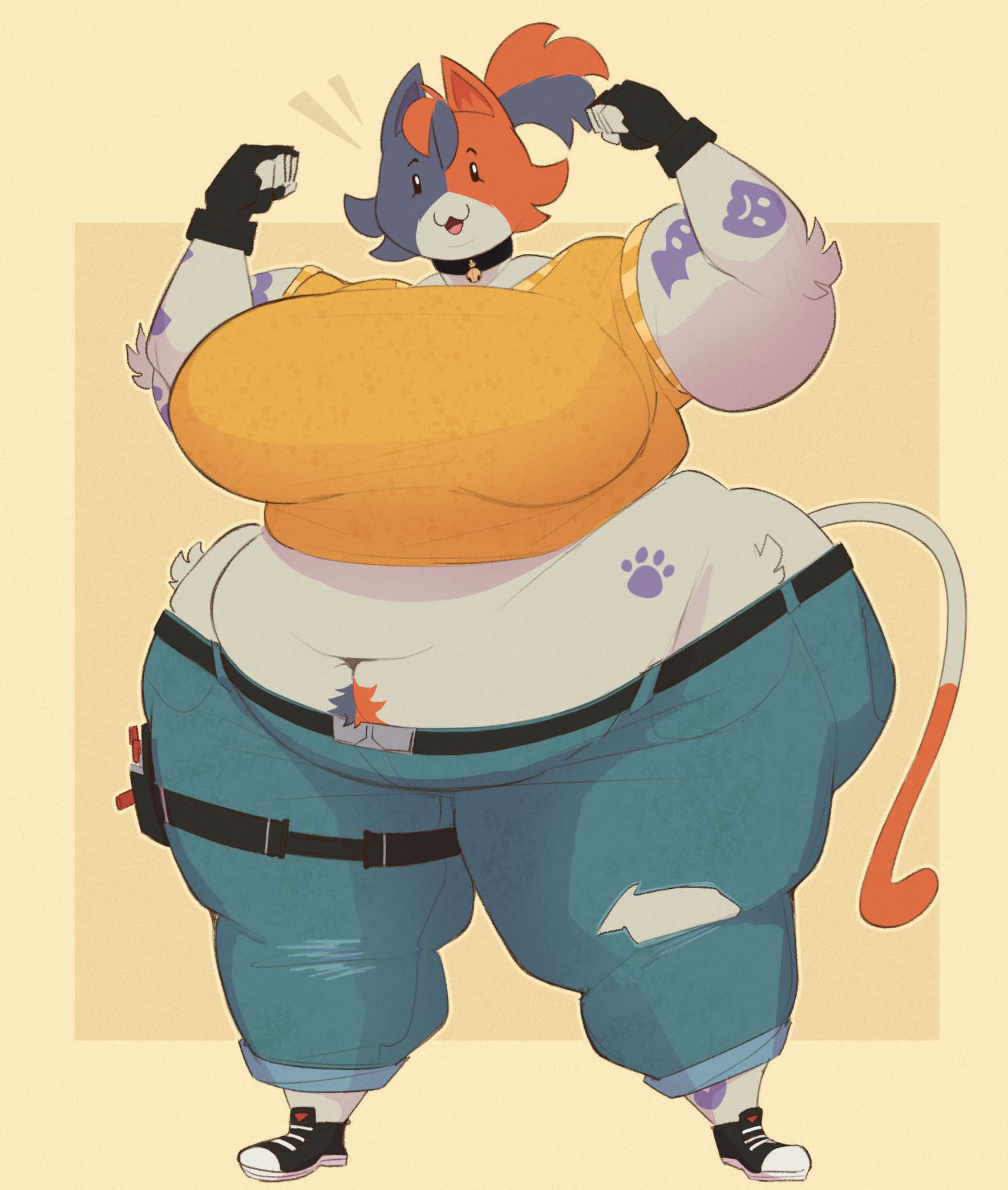 1girls, aimbot-jones, anthro, bbw, cate meowdy (fortnite), fat, female, female only, fortnite, huge hips, overweight, overweight anthro, overweight female, pubic hair, revealing clothes, standing, tattoo, weight gain, wide hips